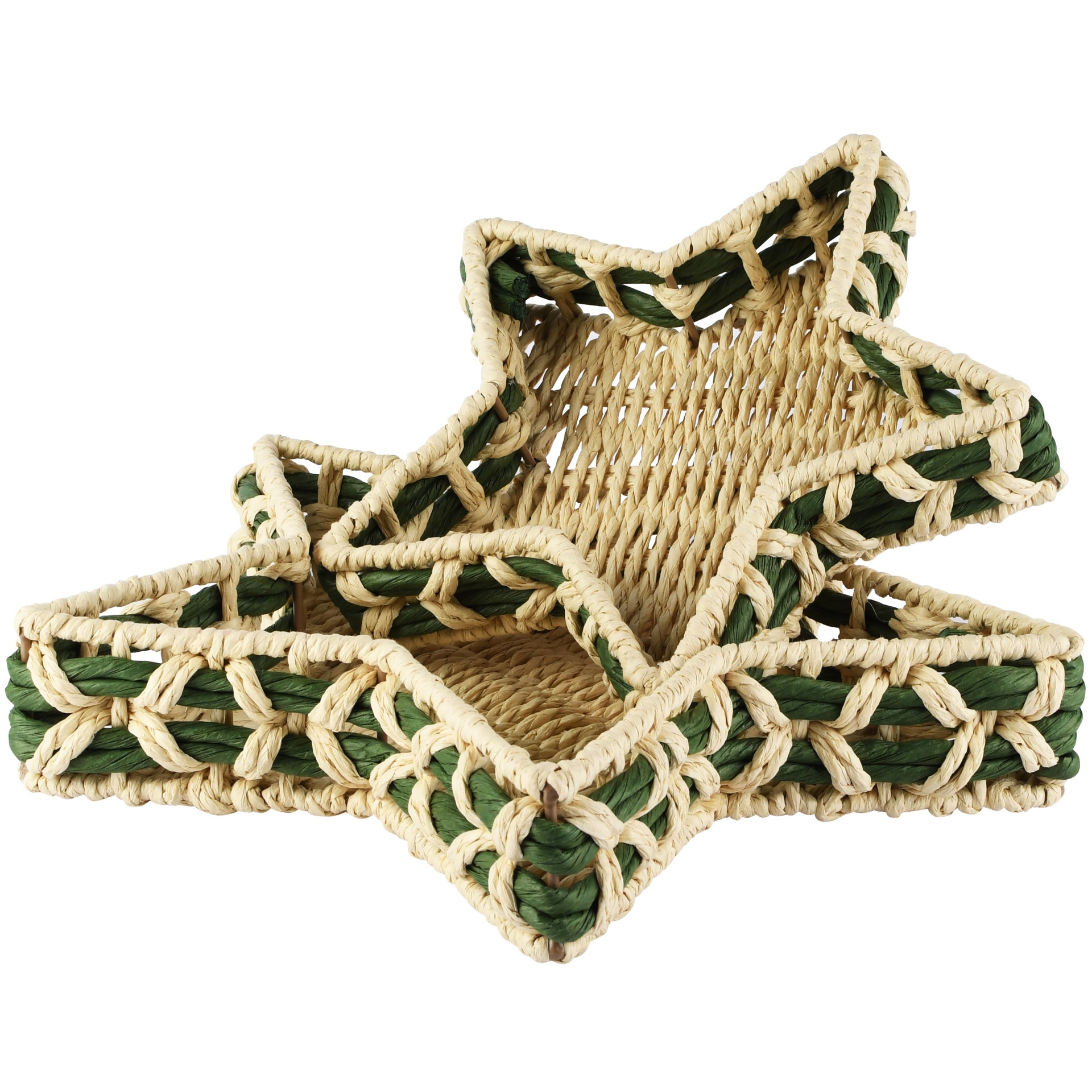 Dekoratief | Set 2 manden ster, groen/naturel, jute/papier, 35x35x7cm | A265903