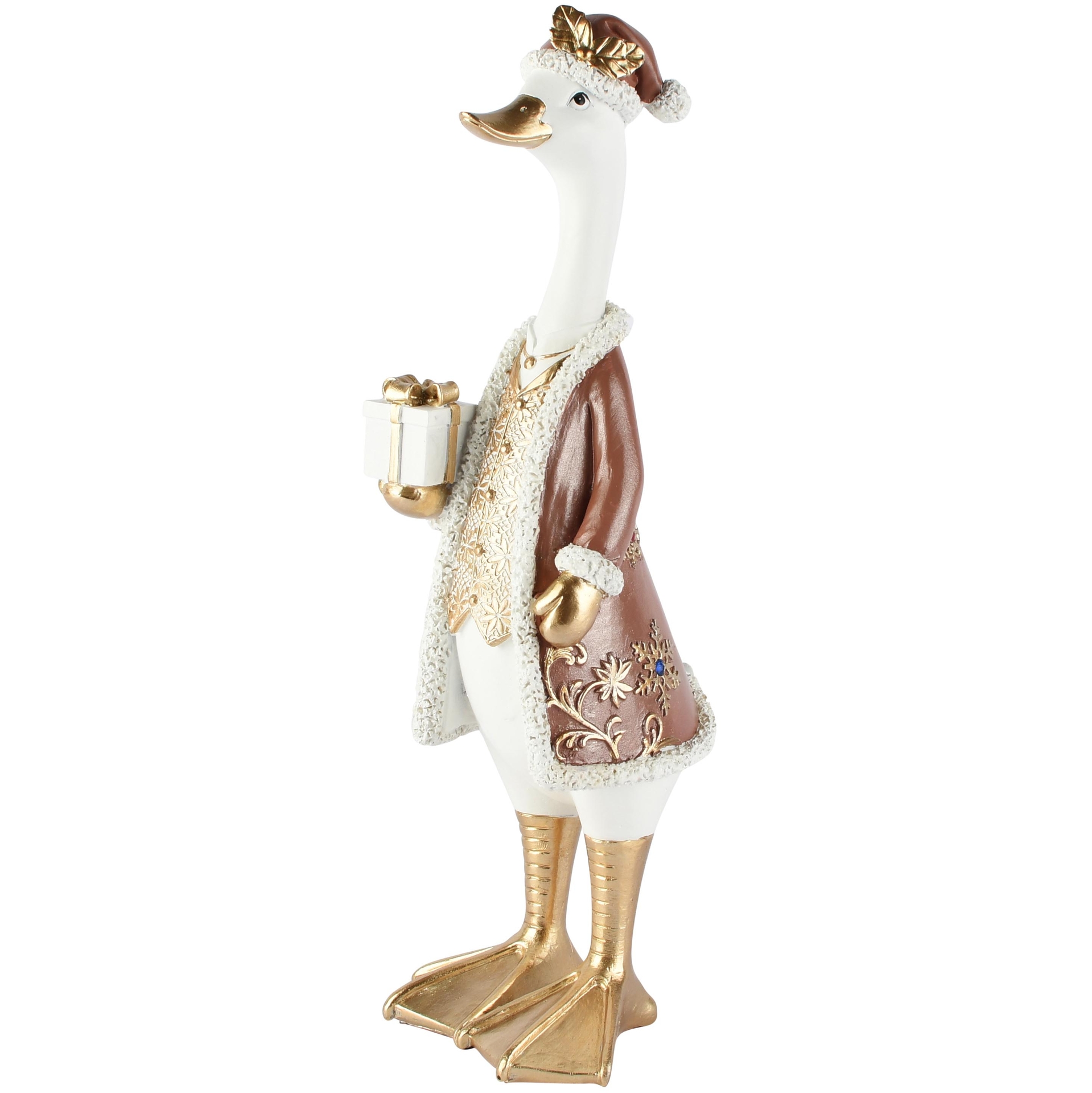 Dekoratief | Eend staand m/cadeautje, wit/goud, resina, 11x12x34cm | A265898
