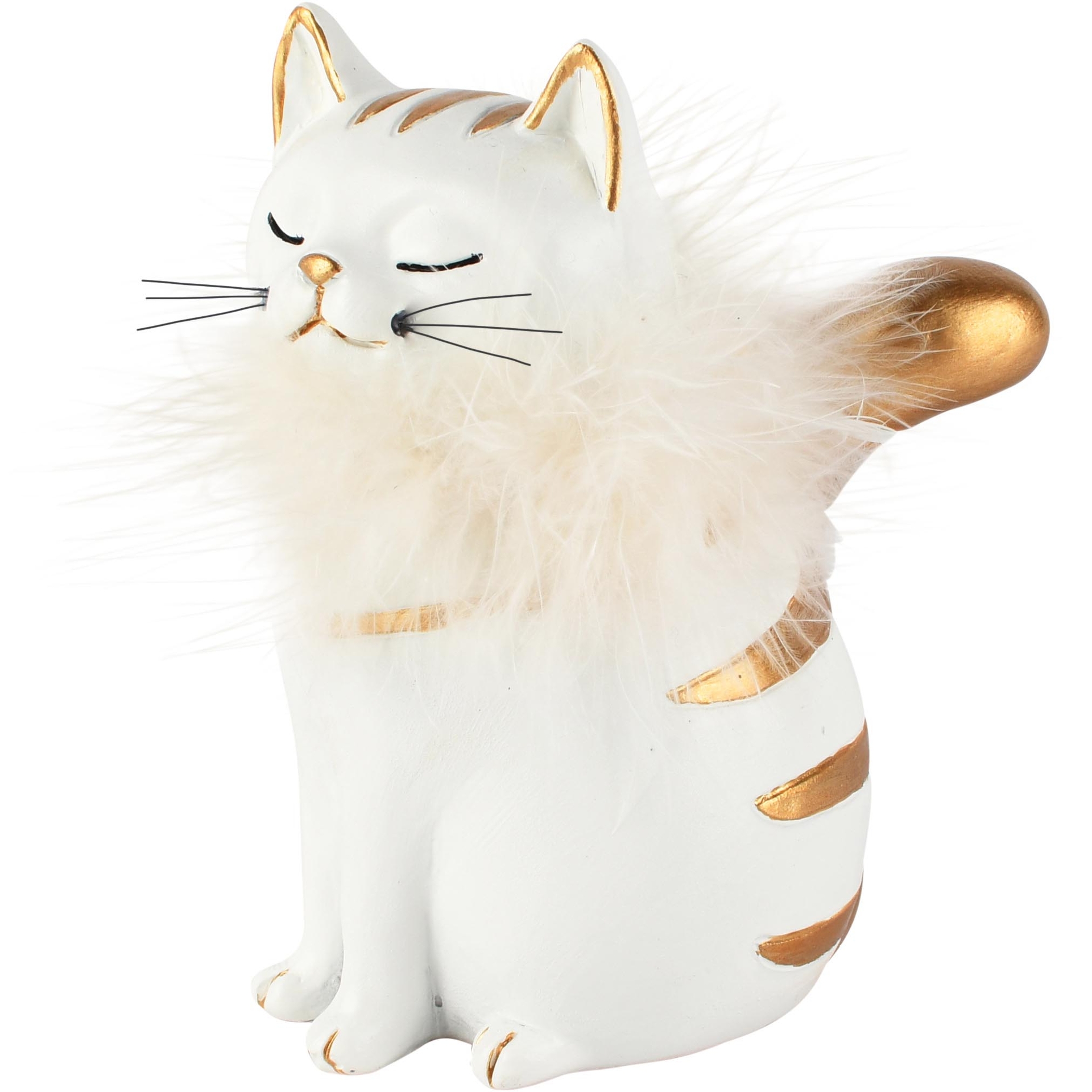 Dekoratief | Poes zittend m/fluffy kraag, wit/goud, resina, 14x8x12cm | A265899