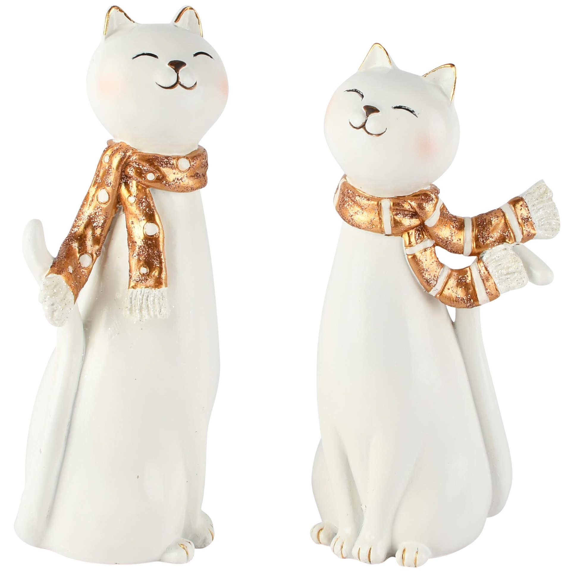 Dekoratief | Deco poes staand m/sjaal, wit/goud, resina, 8x7x20cm, set van 2 stuks | A265888