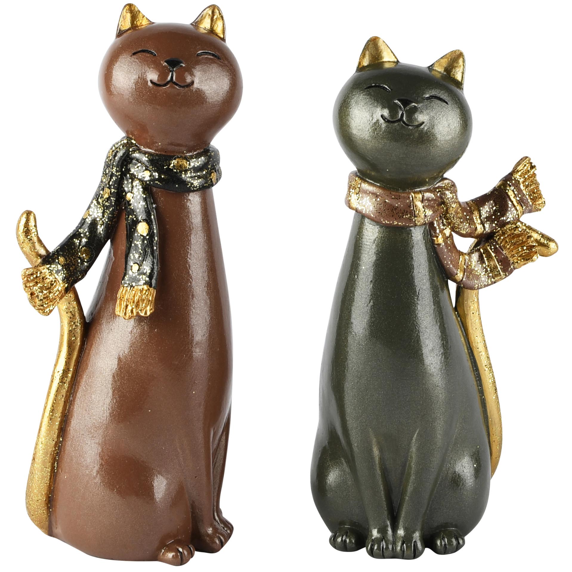 Dekoratief | Deco poes m/sjaal, groen/bruin, resina, 8x7x20cm, set van 2 stuks | A265887