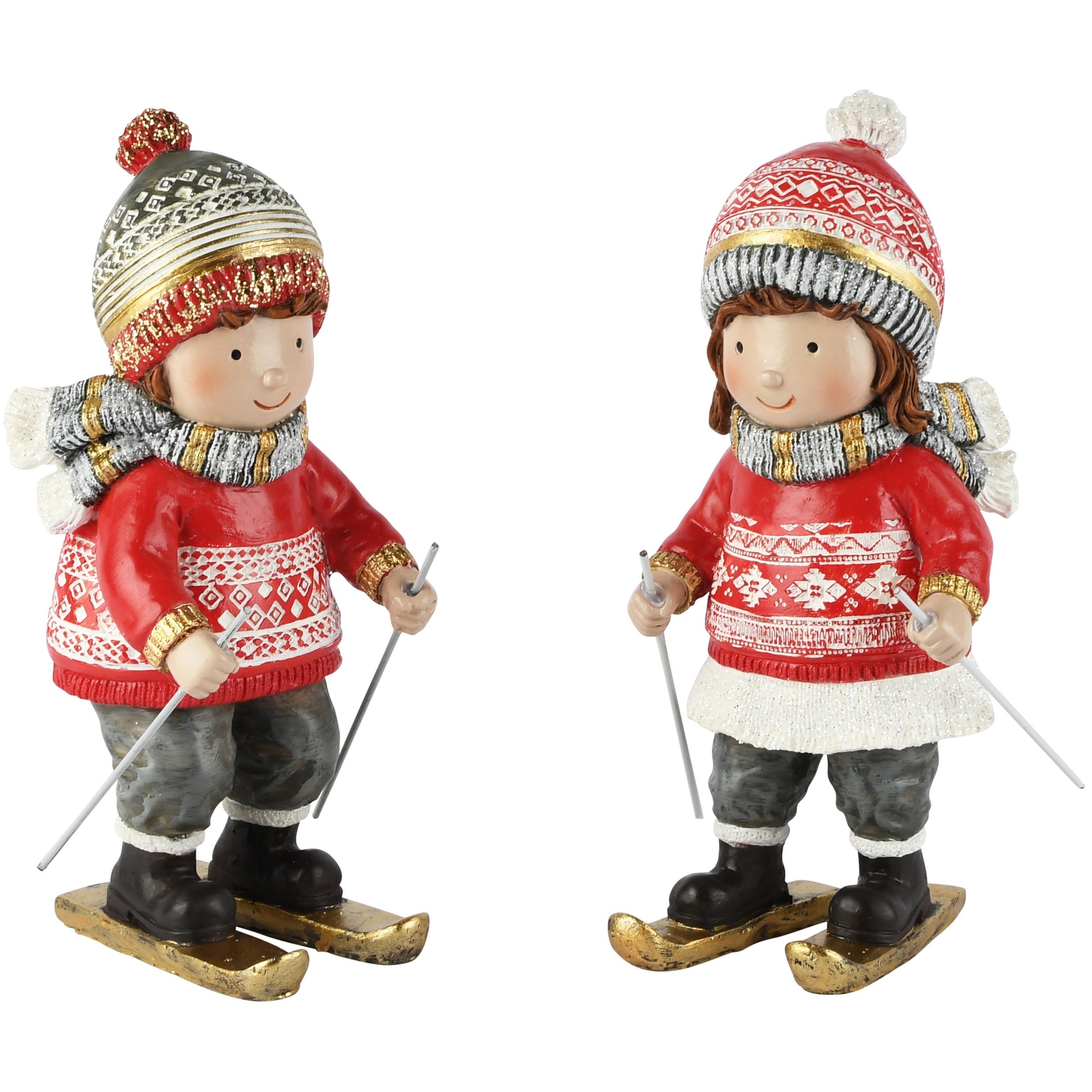Dekoratief | Winterkindje op ski's, rood/goud, resina, 10x9x19cm, set van 2 stuks | A265886