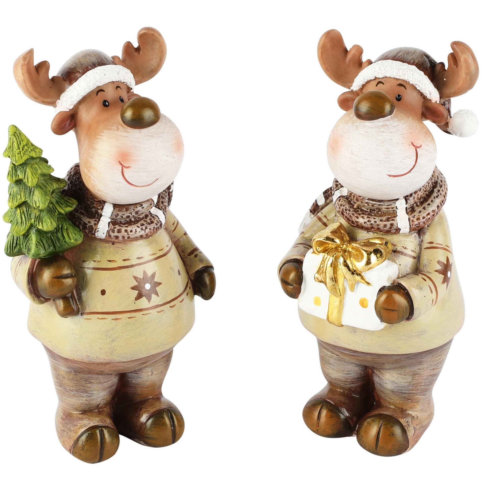 Dekoratief | Rendier staand m/boompje/cadeautje, resina, 7x6x14cm, set van 2 stuks | A265115