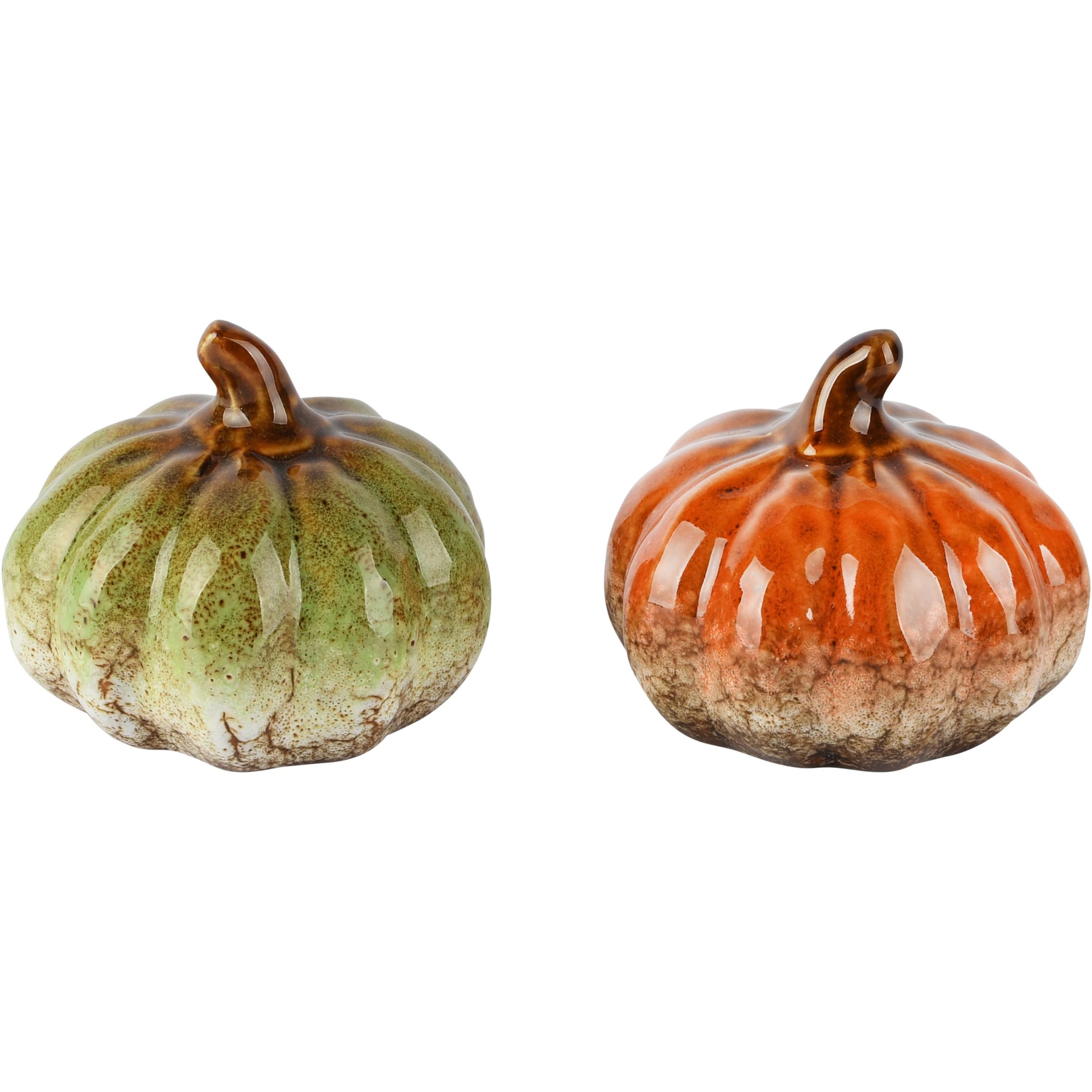 Dekoratief | Deco pompoen, groen/oranje, porselein, 9x9x8cm, set van 2 stuks | A265866
