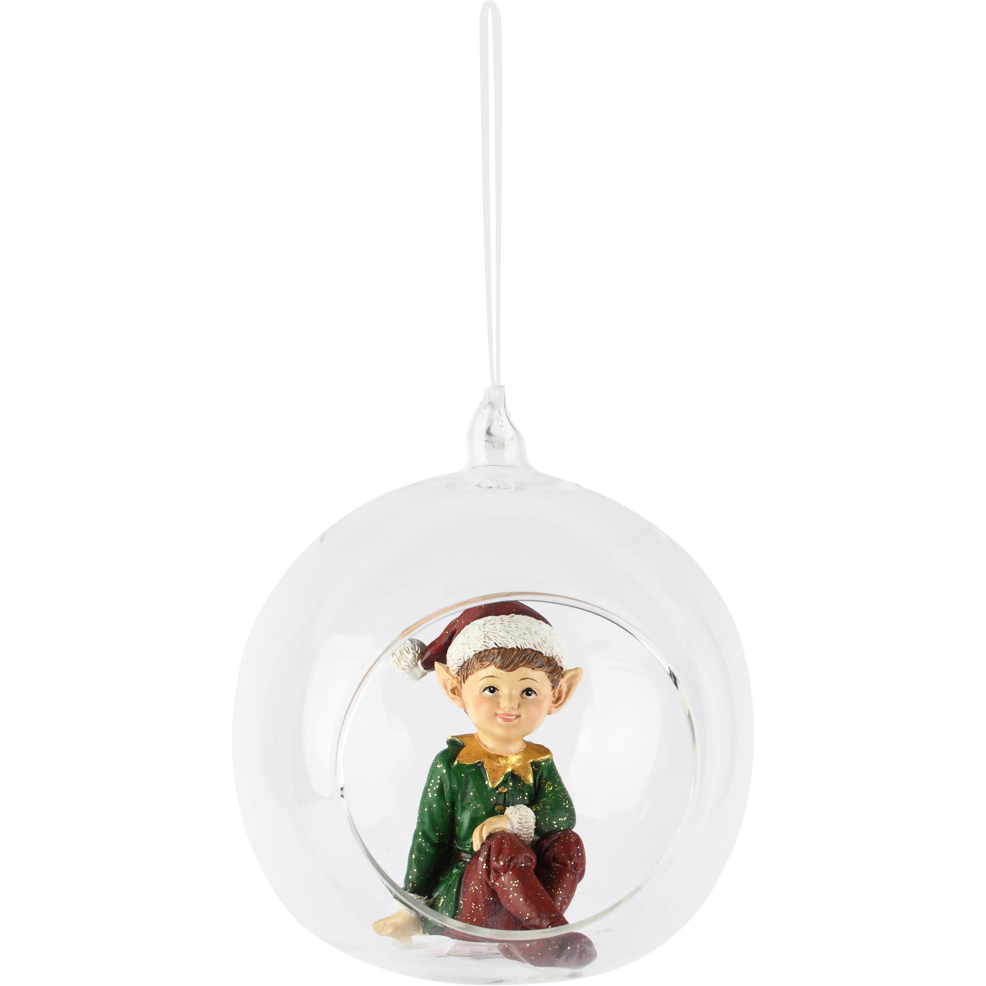Dekoratief | Hanger globe m/kerstelfje, rood/groen, resina/glas, 10x9x11cm | A265851