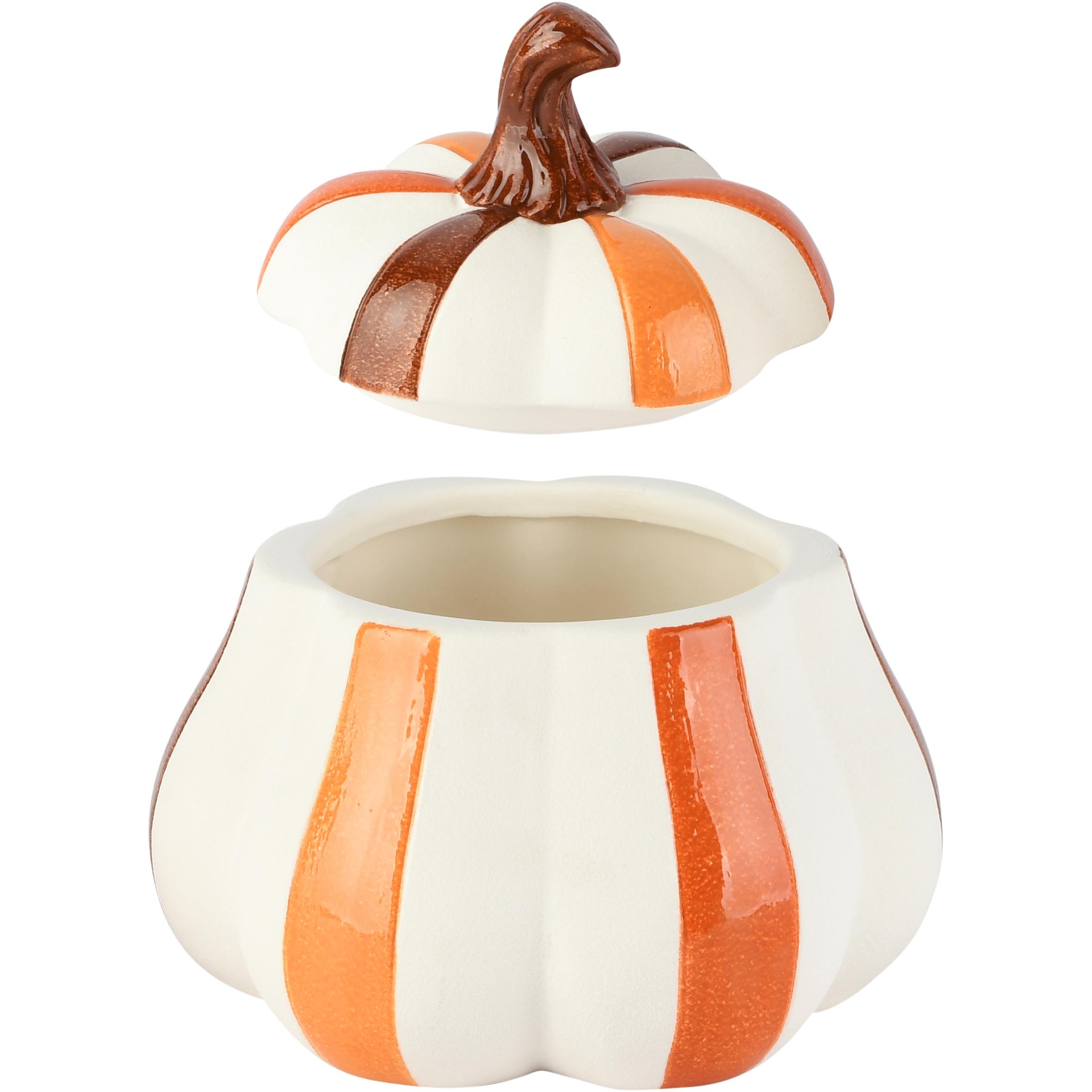 Dekoratief | Bewaarpot pompoen gestreept, bruin/oranje, keramiek, 16x15x18cm | A265829