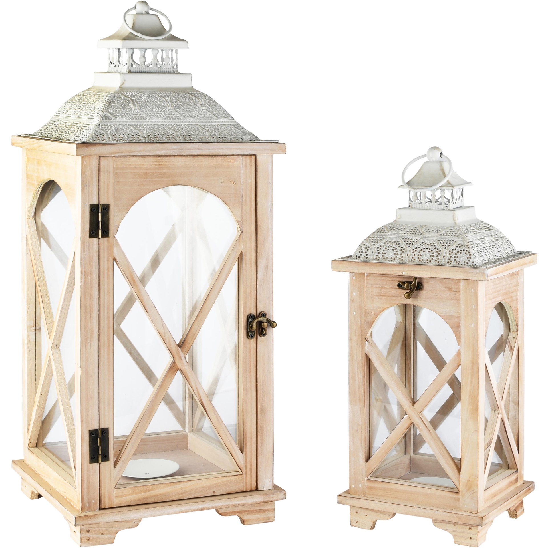 Dekoratief | Set 2 lantaarns, naturel/wit, hout/metaal/glas, 24x24x56cm | A265812