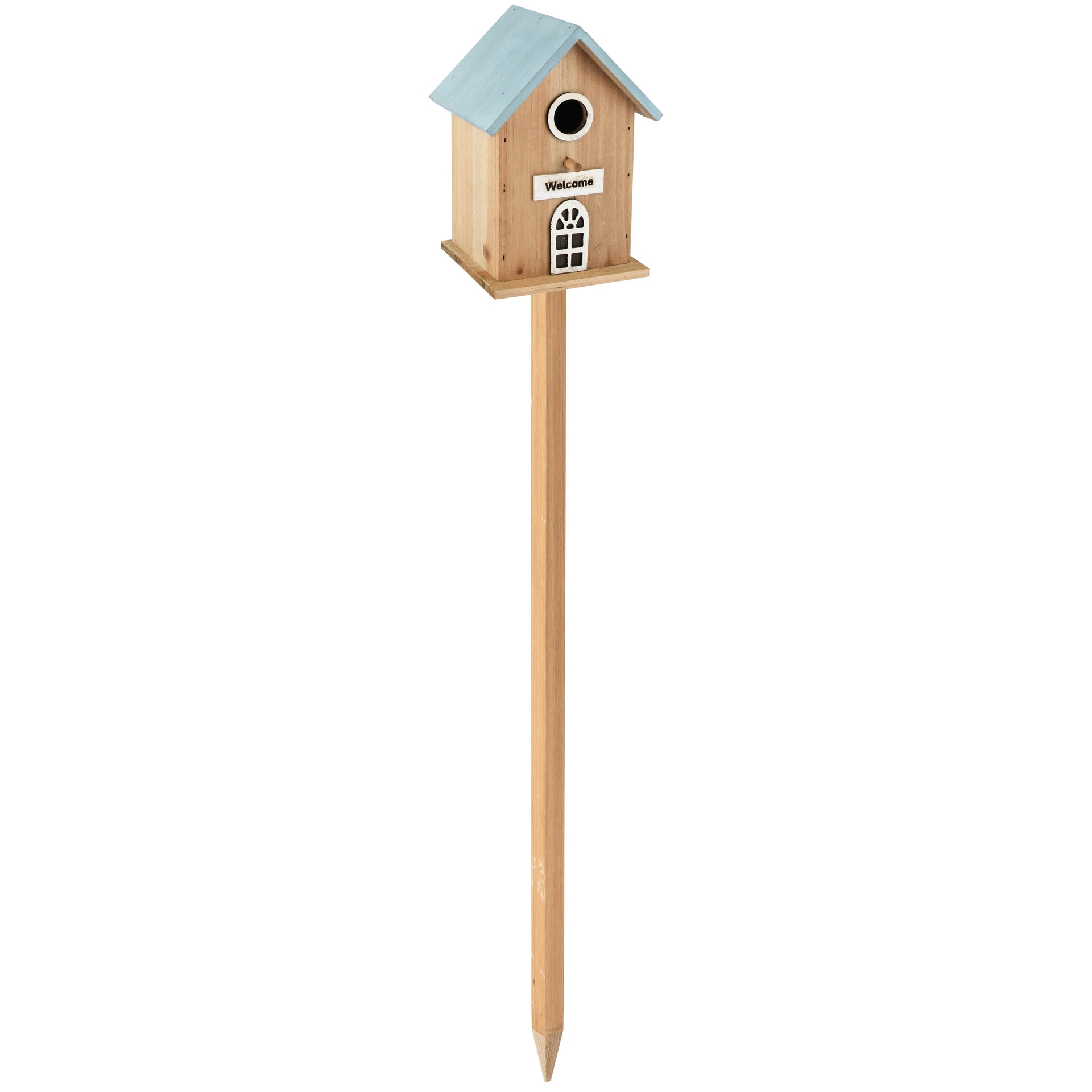 Dekoratief | Vogelhuisje op stick 'Welcome', wit/naturel, hout, 16x14x103cm | A265811