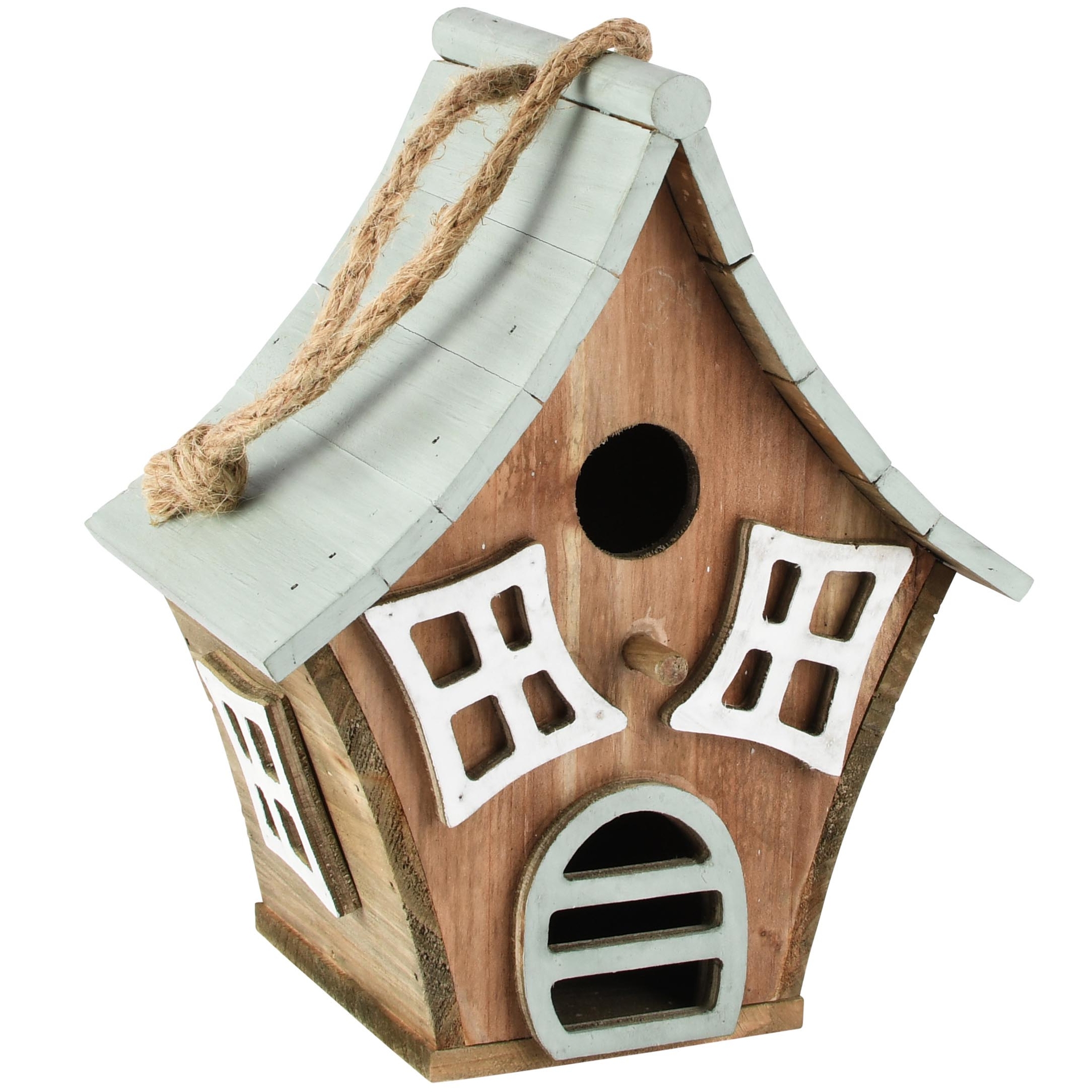 Dekoratief | Hanger vogelhuisje, blauw/wit/naturel, hout, 18x12x22cm | A265810