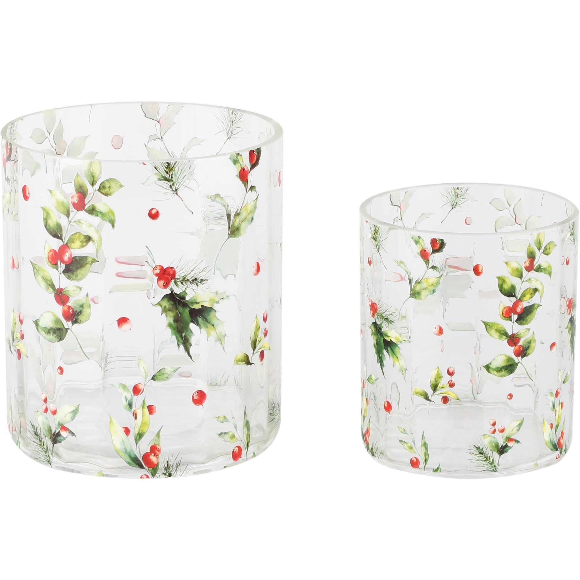 Dekoratief | Set 2 theelichthouders 'Holly & Berry', glas, 12x12x13cm | A265794