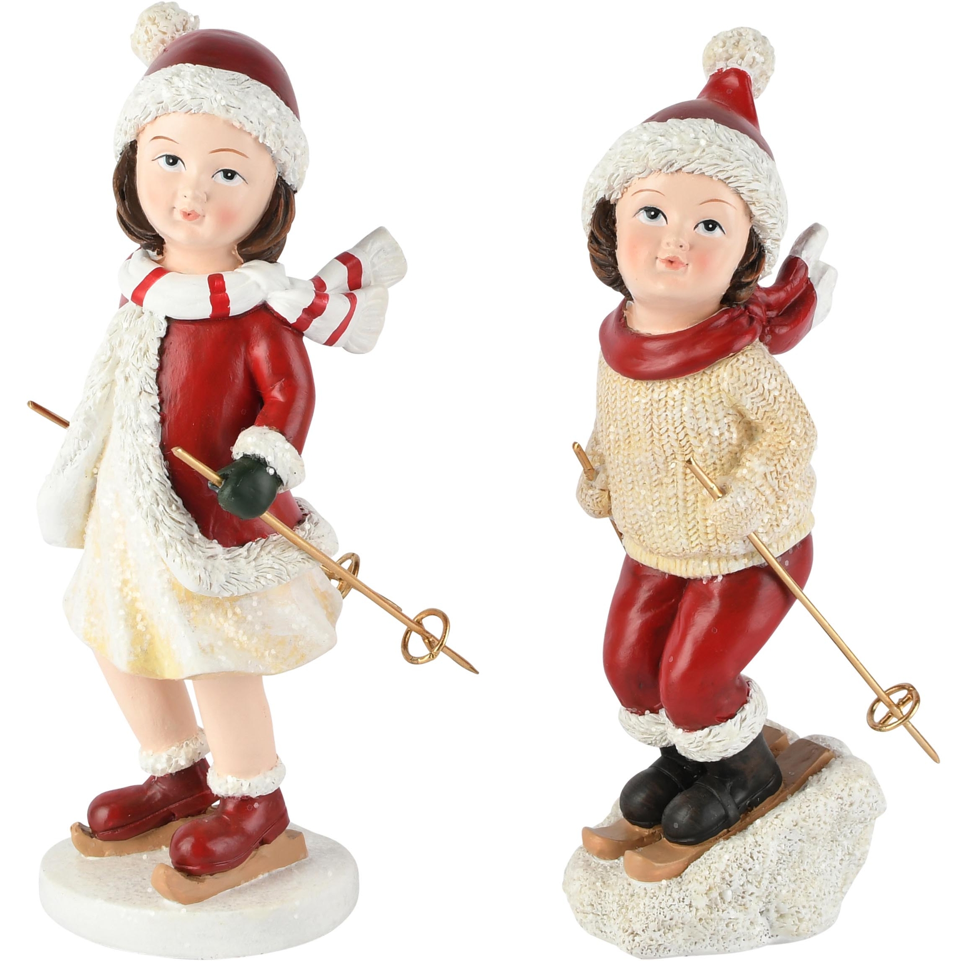 Dekoratief | Wintermeisje op skilatten, rood/wit, resina, 8x7x21cm, set van 2 stuks | A265788