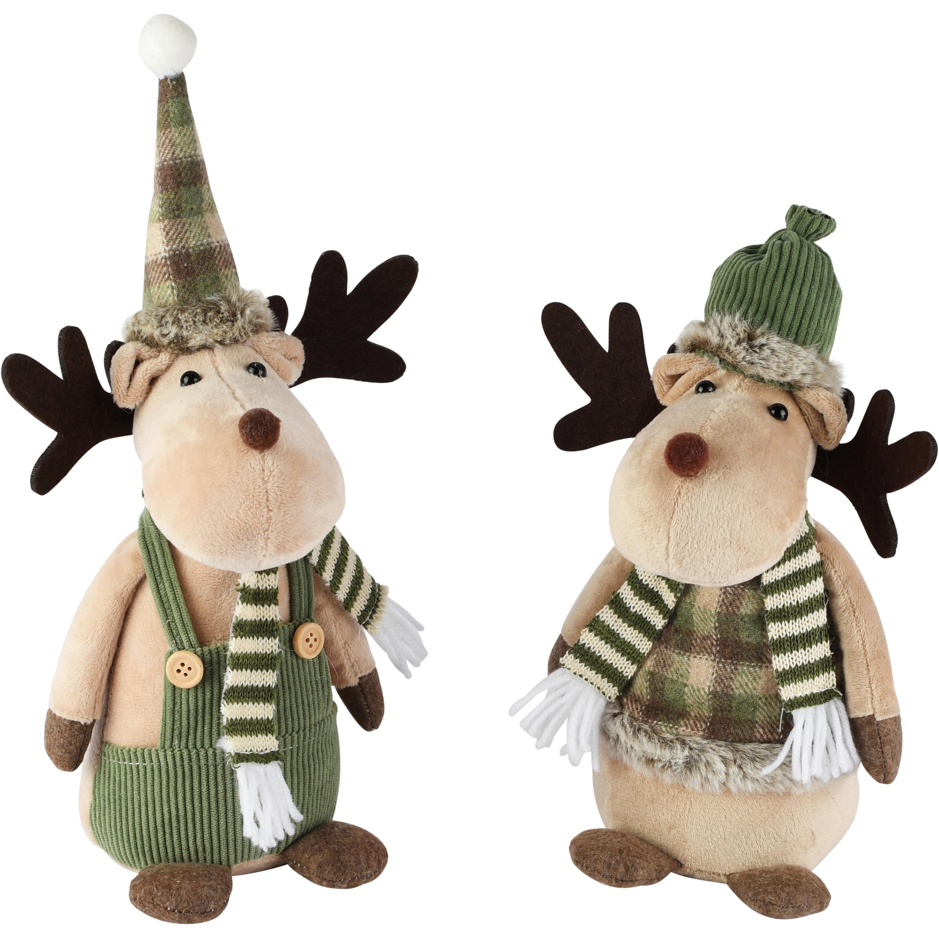 Dekoratief | Rendier m/sjaal/muts, groen/beige, stof, 13x12x27cm, set van 2 stuks | A265265