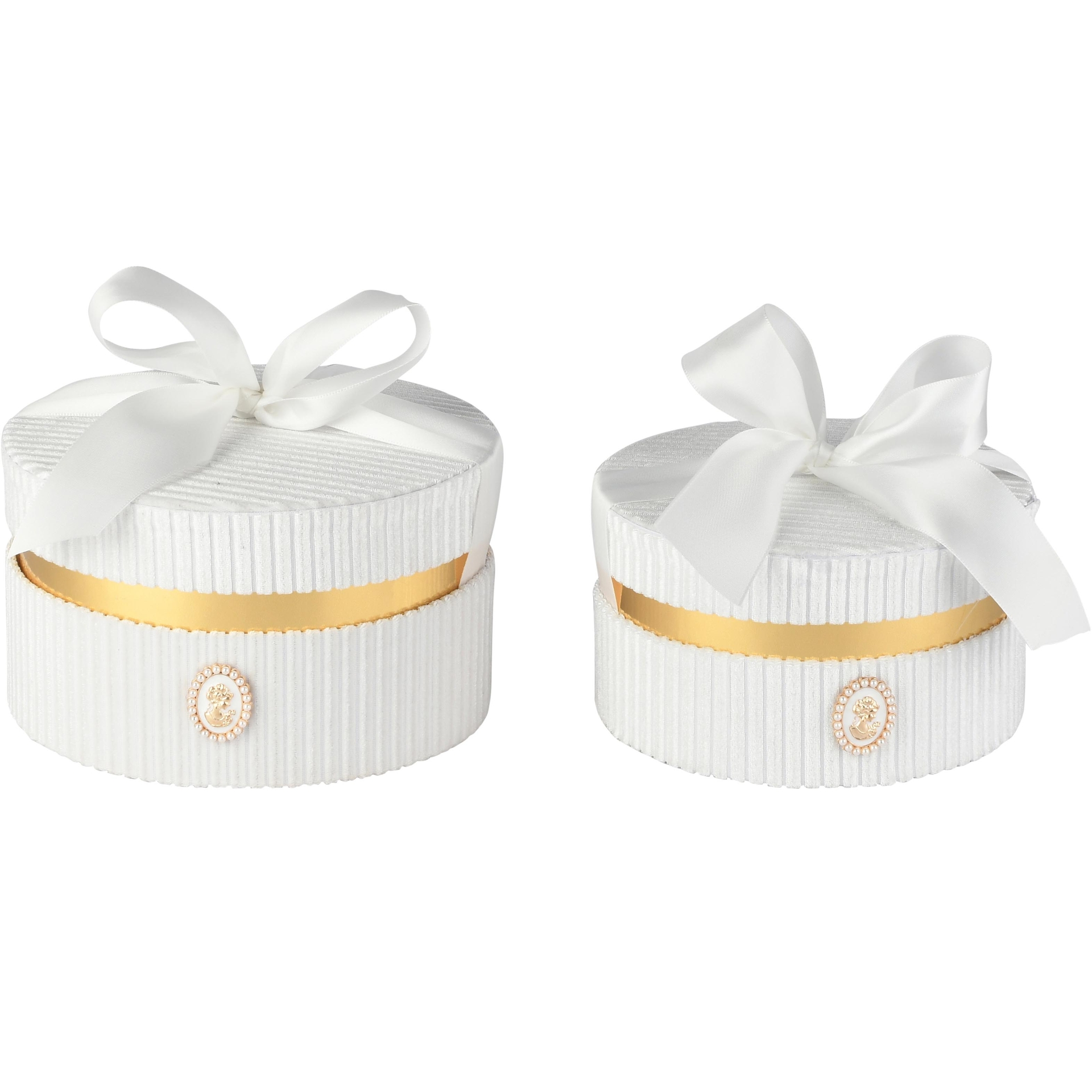 Dekoratief | Set 2 dozen rond m/striklint, wit, velvet/karton, 19x19x10cm | A265784