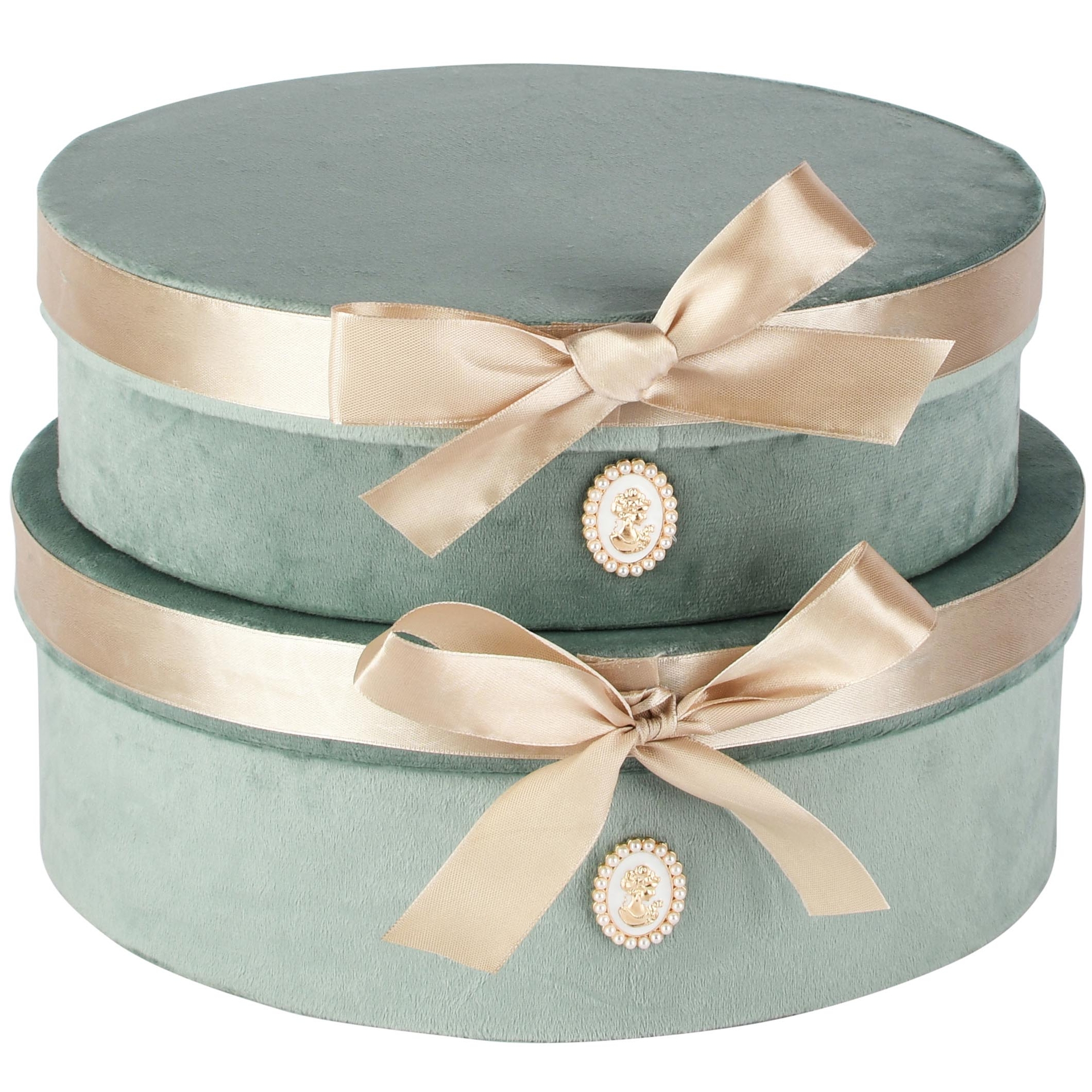 Dekoratief | Set 2 dozen rond m/striklint, munt, velvet/karton, 29x29x10cm | A265779