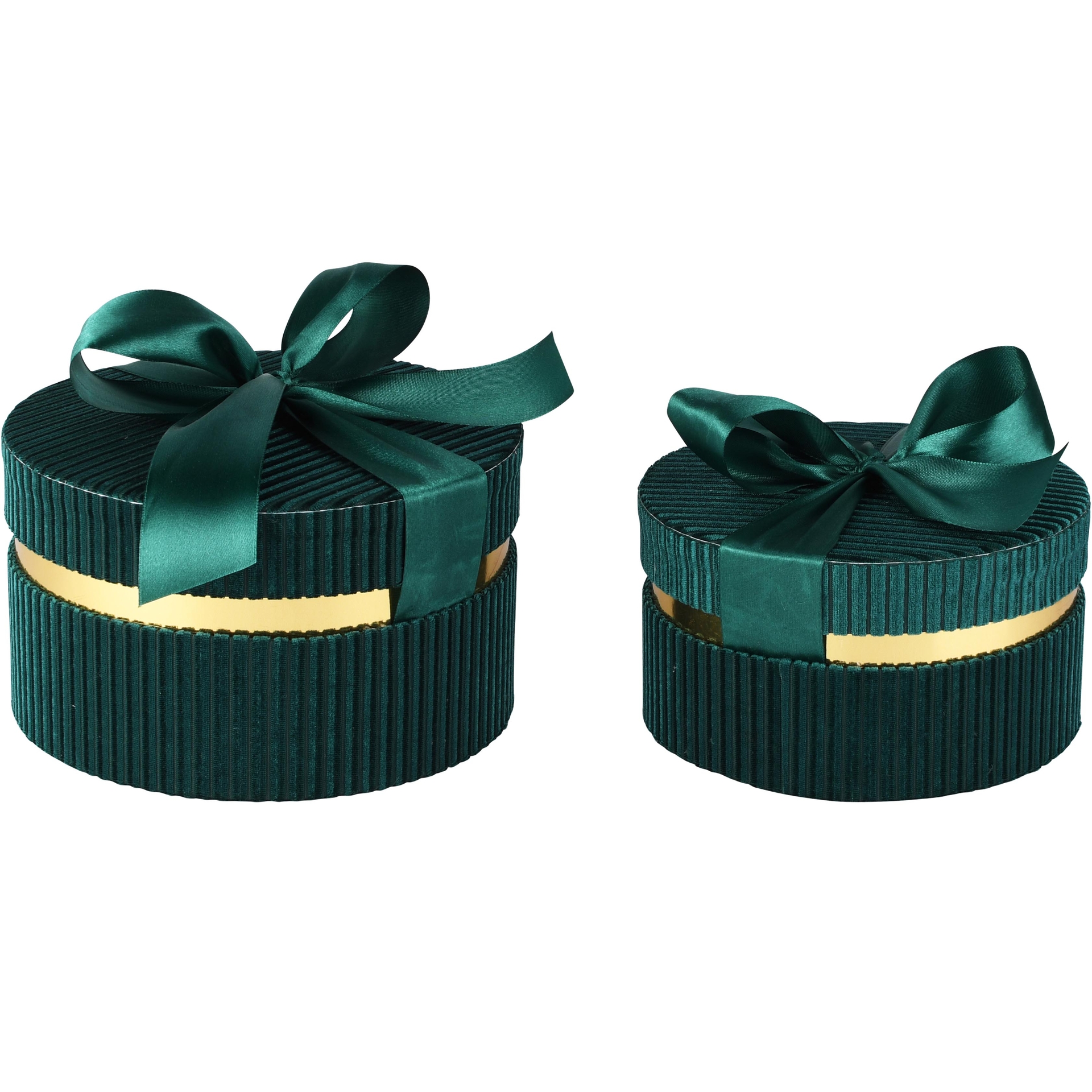 Dekoratief | Set 2 tondozen m/striklint, groen/goud, velvet/karton, 19x19x10cm | A265777