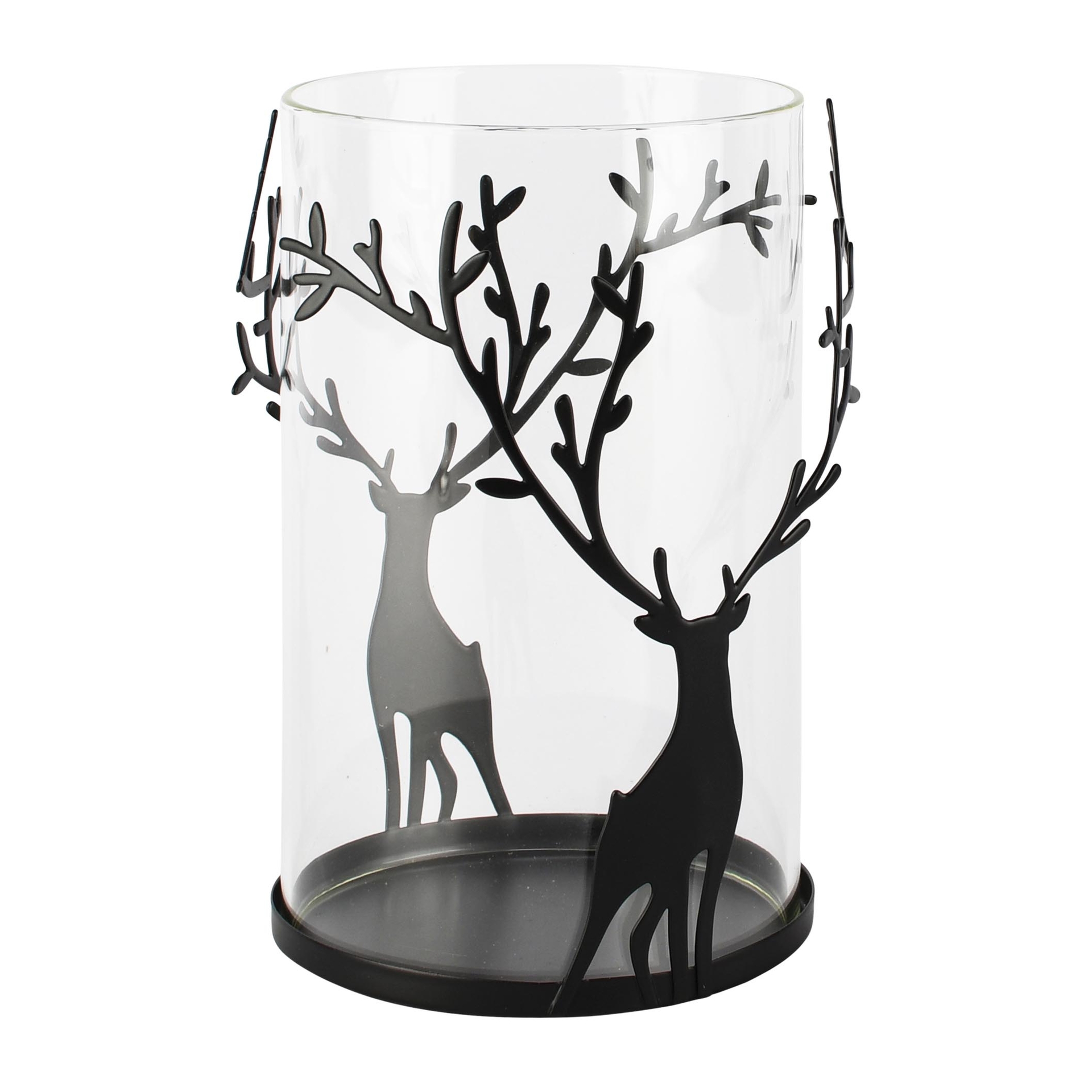Dekoratief | Theelichthouder m/herten, zwart, glas/metaal, 11x11x15cm | A265214
