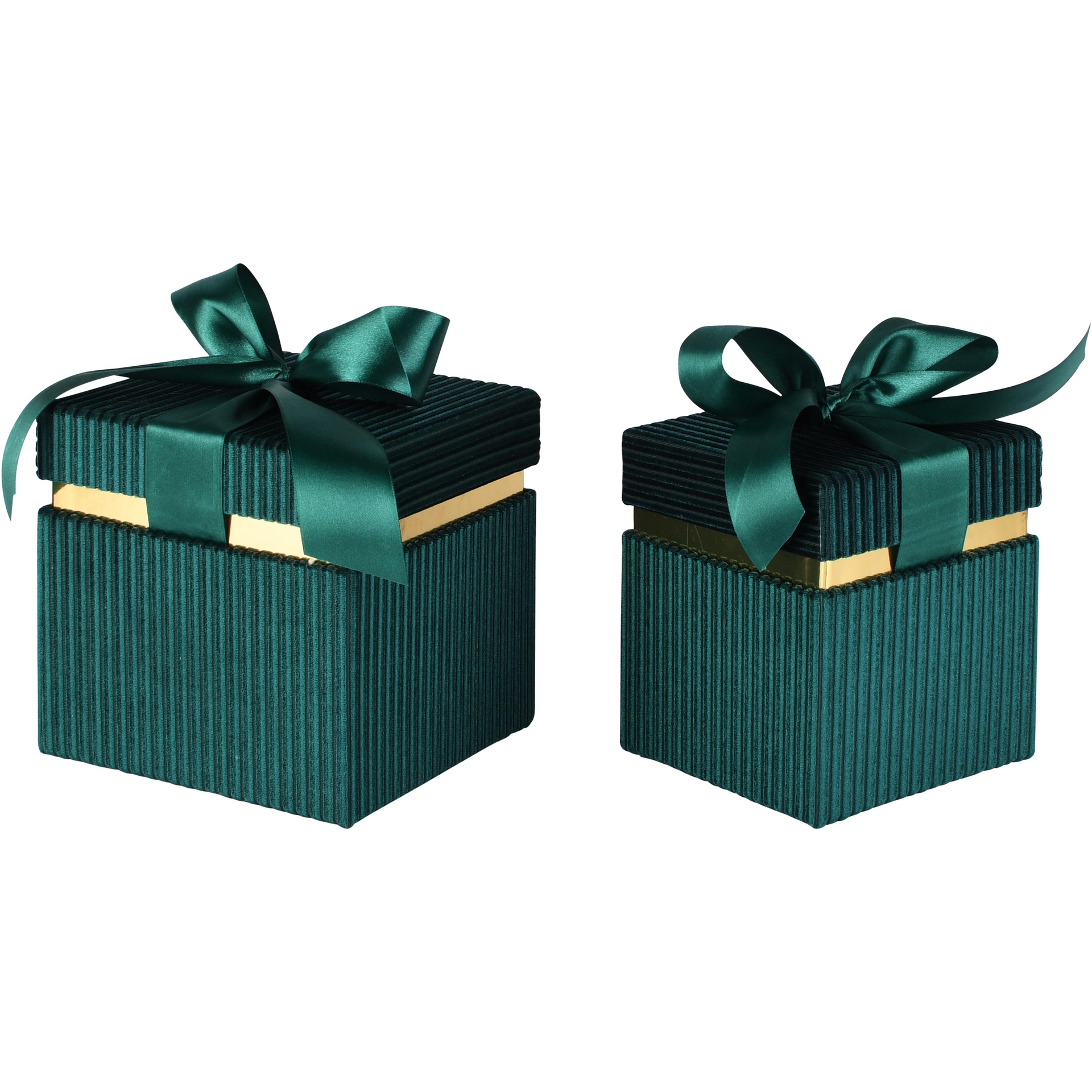 Dekoratief | Set 2 dozen vierkant m/striklint, groen/goud, velvet/karton, 16x16x16cm | A265776
