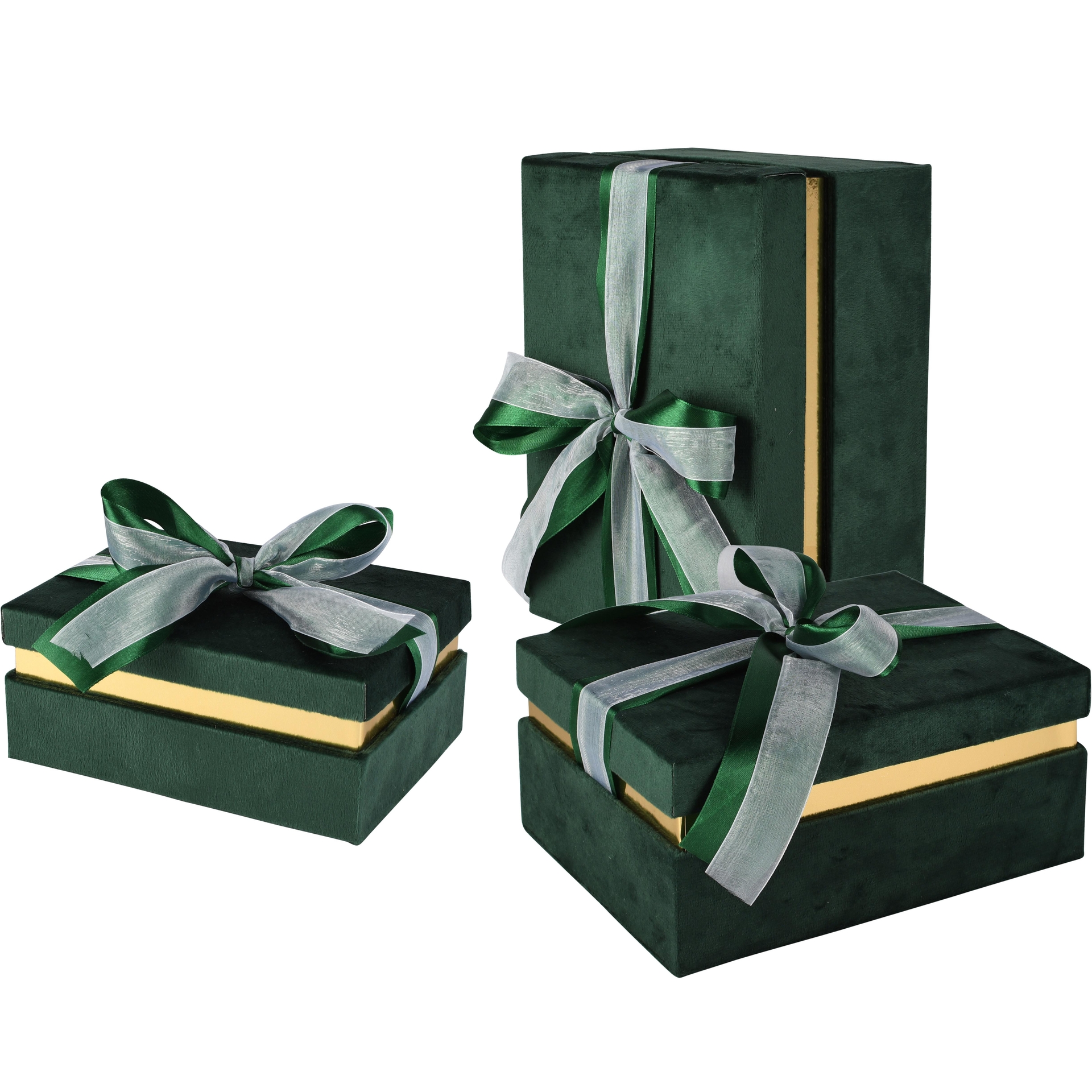 Dekoratief | Set 3 dozen rechthoek m/striklint, groen/goud, velvet/karton, 26x18x12cm | A265775