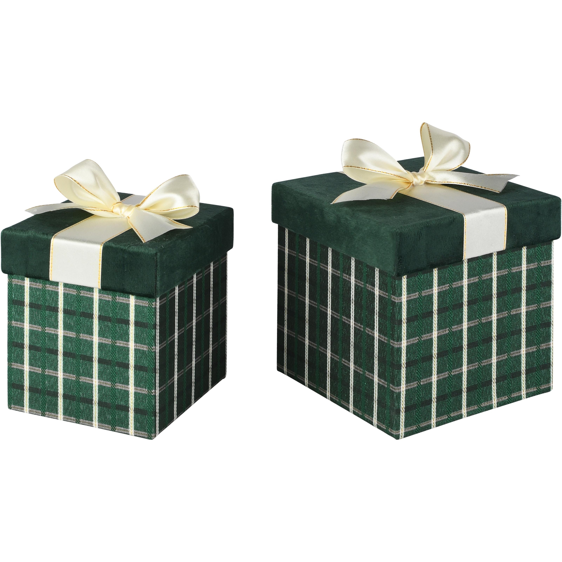 Dekoratief | Set 2 dozen vierkant m/striklint, groen/wit, velvet/karton, 16x16x16cm | A265773