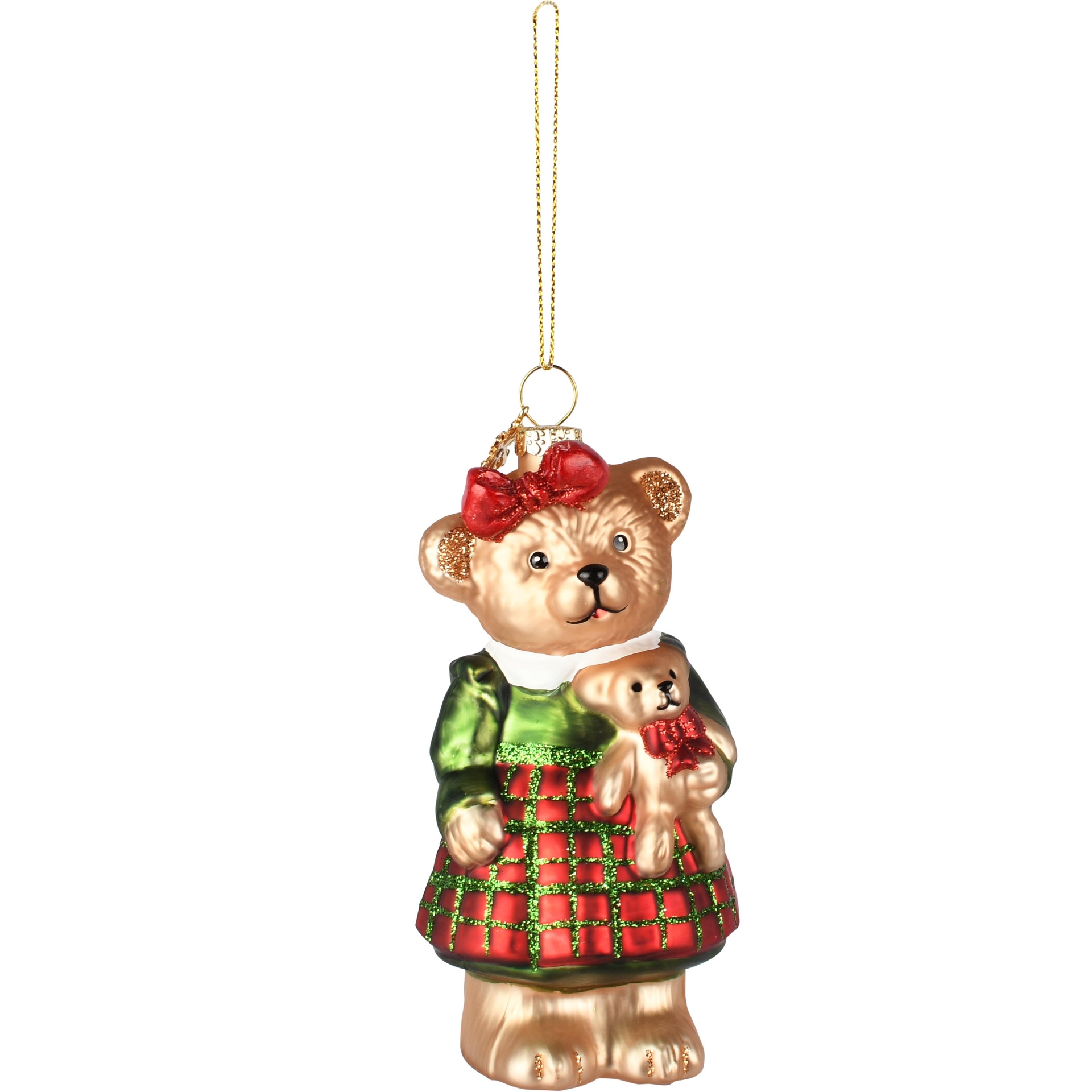 Dekoratief | Hanger beertje m/teddybeertje, goud/rood, glas, 6x6x13cm | A265749
