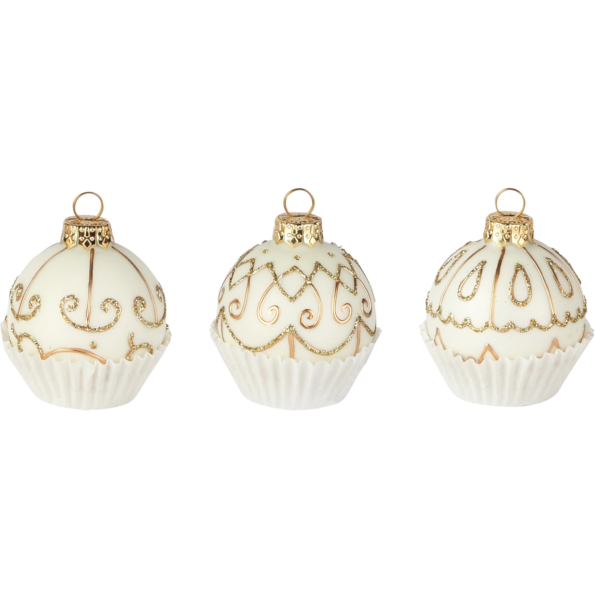 Dekoratief | Set 3 hangers cupcakes, wit/goud, glas, 6x6x6cm | A265746