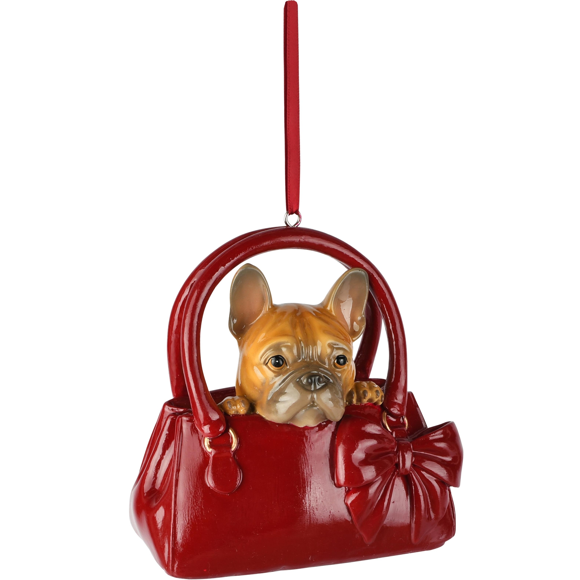 Dekoratief | Hanger handtas m/hondje, rood/bruin, resina, 11x8x11cm | A265730