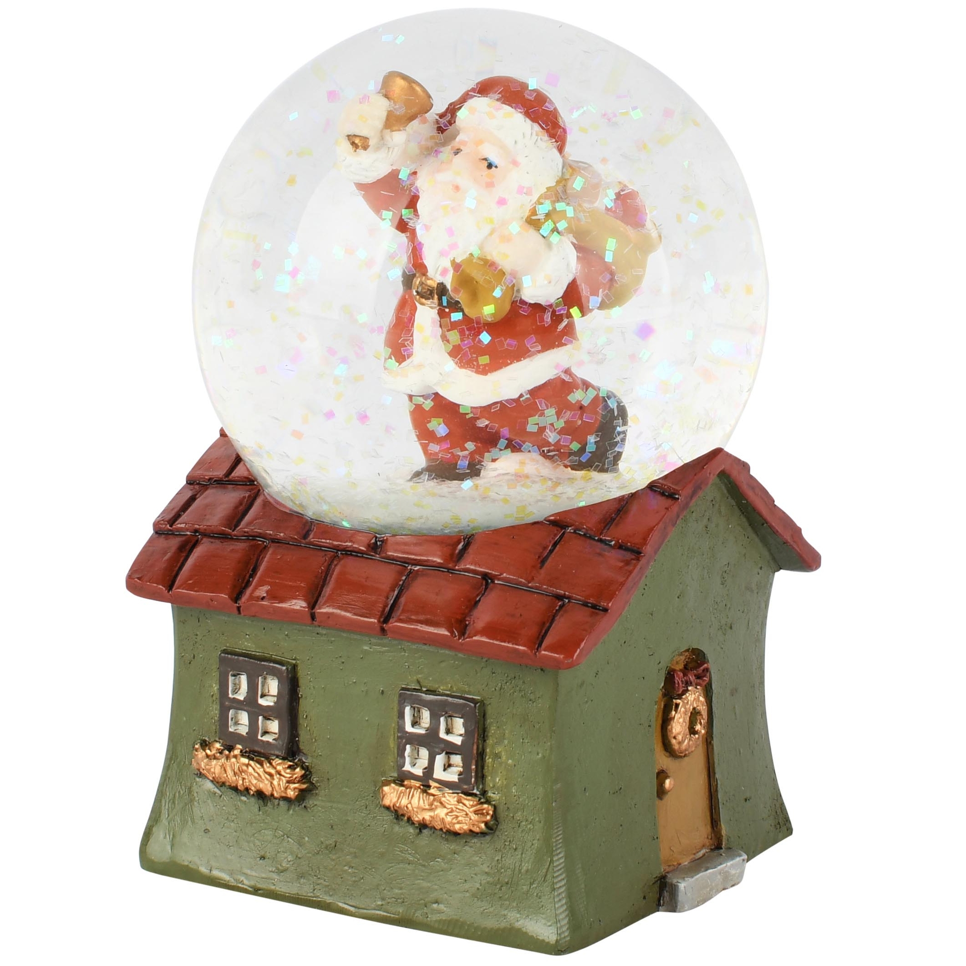 Dekoratief | Waterbol huisje m/santa, groen/rood, resina/glas, 7x6x10cm | A265717