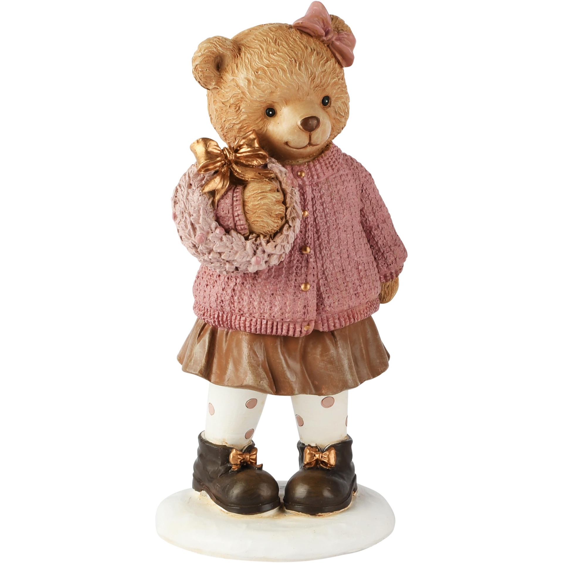 Dekoratief | Beertje staand m/krans, bruin/roze, resina, 9x7x19cm | A265714