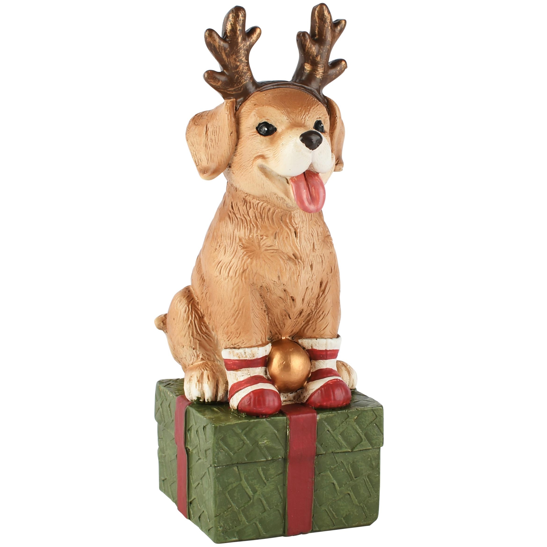 Dekoratief | Kersthond zittend op cadeau, groen/beige, resina, 5x5x15cm | A265711