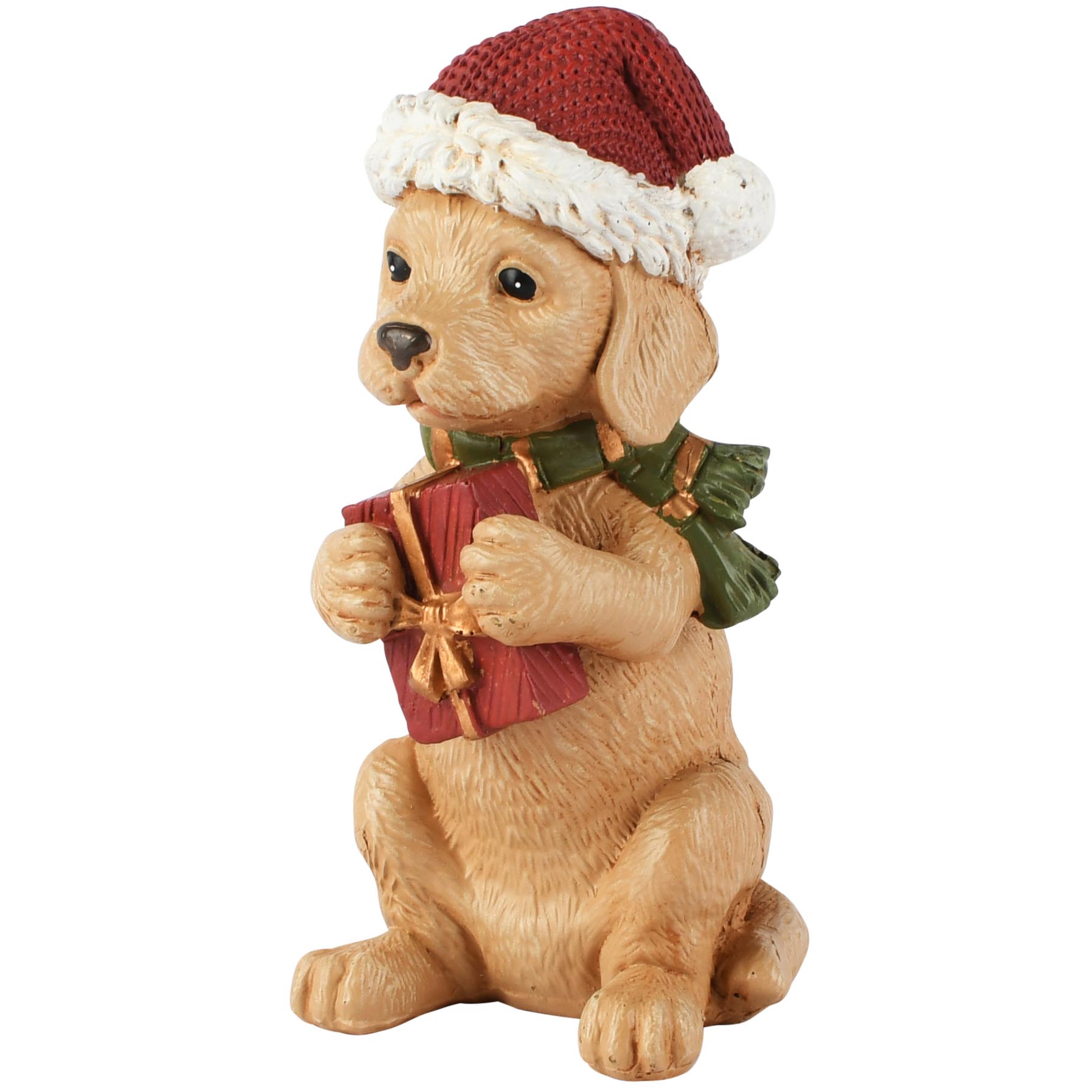 Dekoratief | Kersthond zittend m/cadeautje, rood/beige, resina, 5x6x12cm | A265710