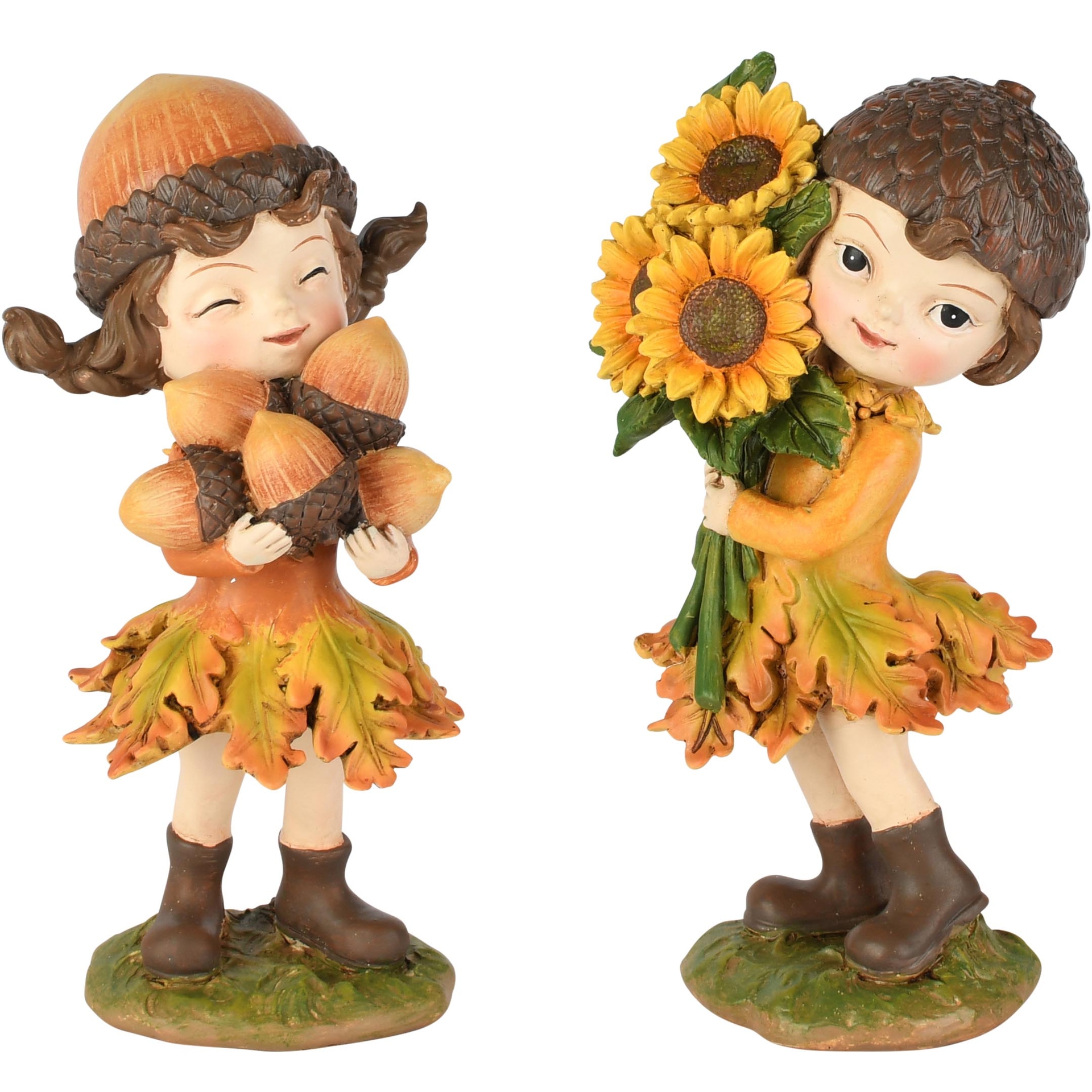 Dekoratief | Herfstkindje m/zonnebloemen/eikels, resina, 10x8x18cm, set van 2 stuks | A265692
