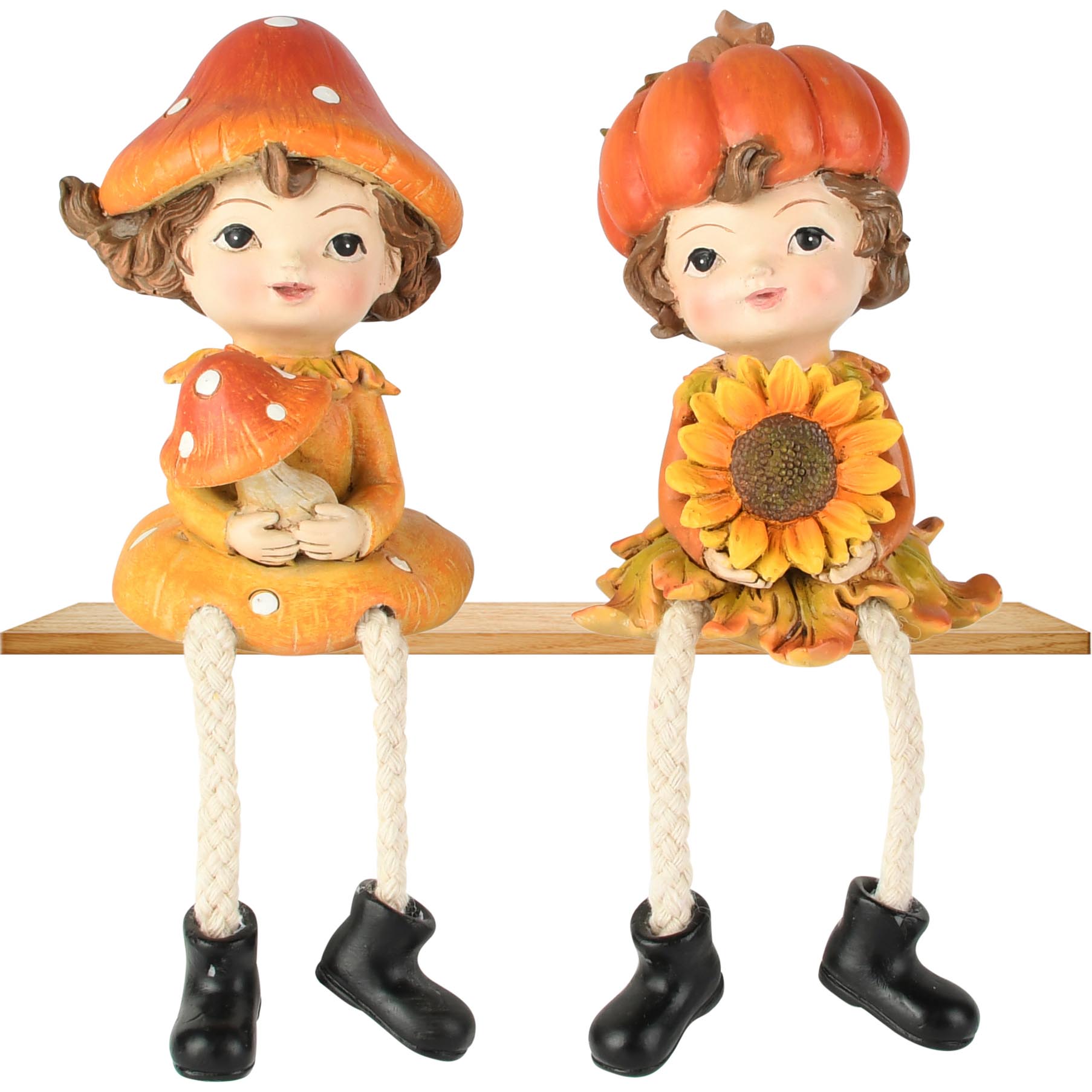 Dekoratief | Herfskindje m/hangbenen, oranje/geel, resina, 7x7x16cm, set van 2 stuks | A265683