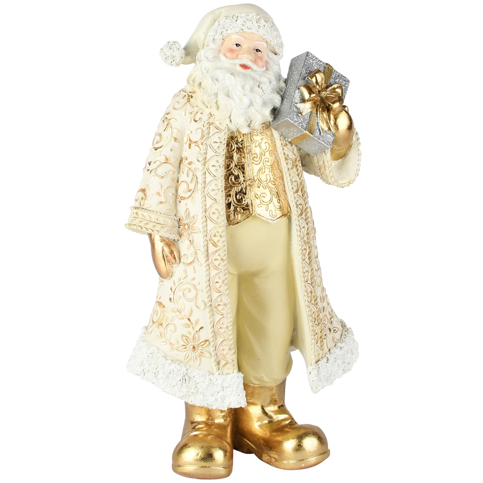 Dekoratief | Santa staand m/cadeautje, goud/wit, resina, 17x12x31cm | A265678