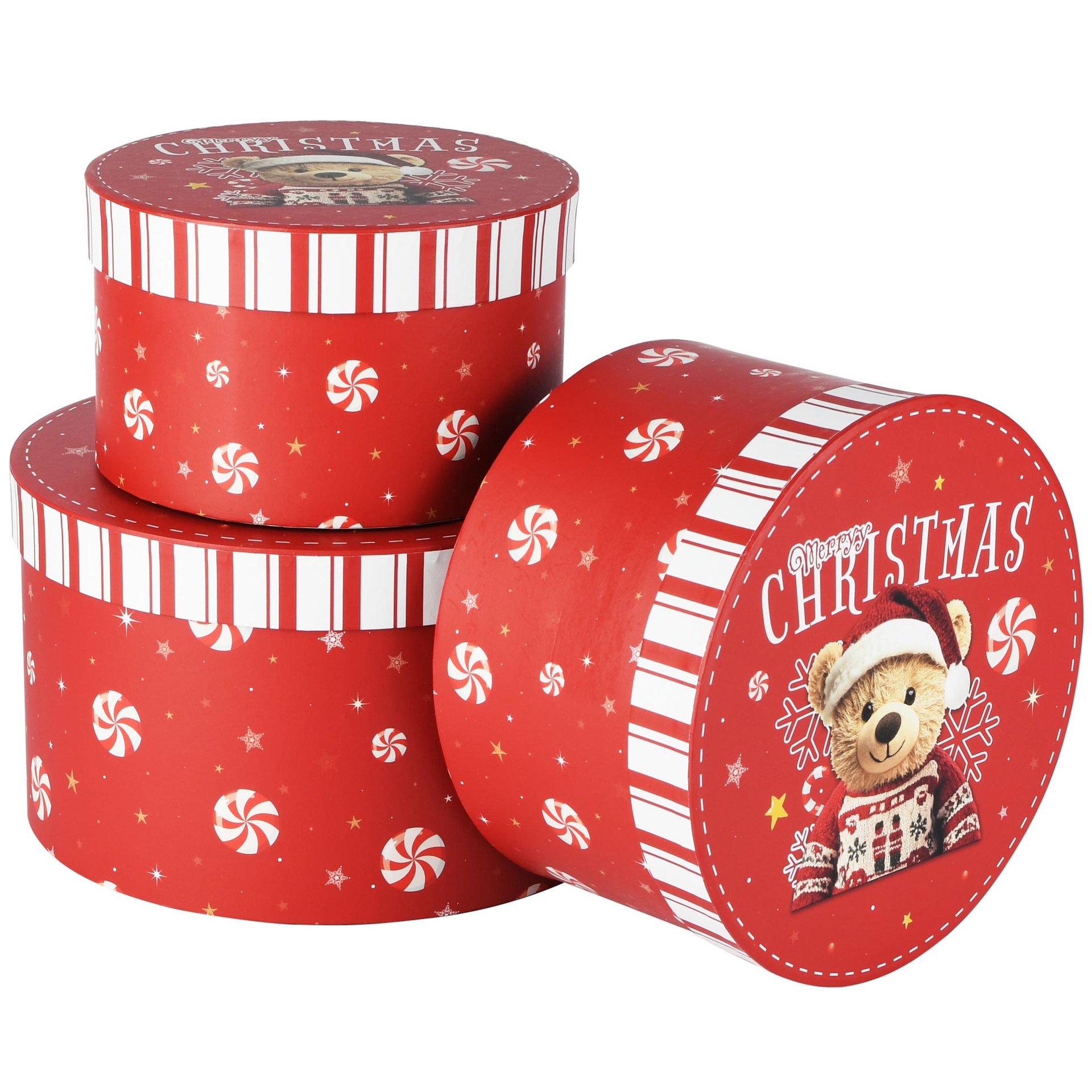 Dekoratief | Set 3 dozen rond 'Jingle Bear', rood, karton, 21x21x12cm | A265663