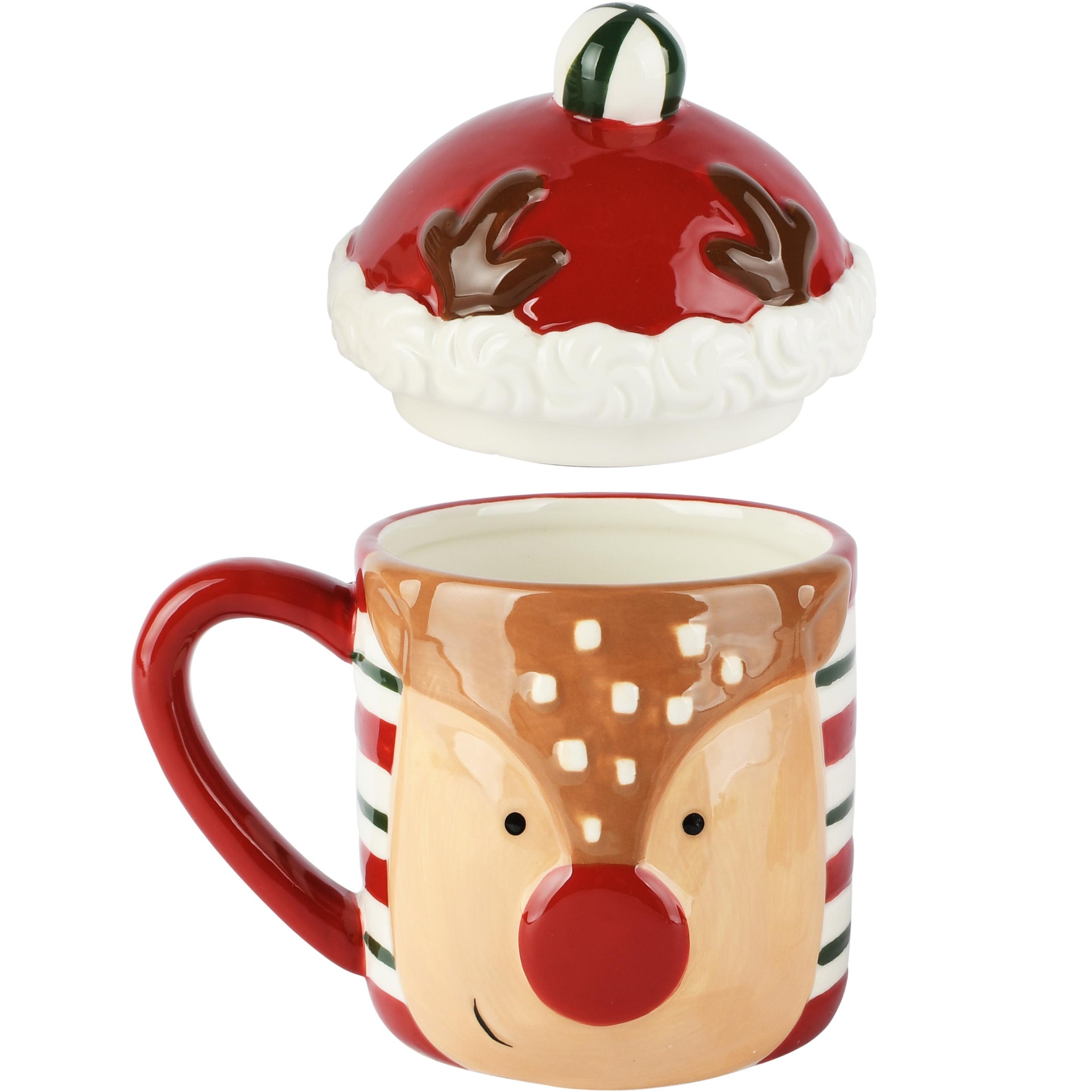 Dekoratief | Mok m/deksel 'Rudolf', rood/bruin, dolomiet, 15x11x17cm | A265657