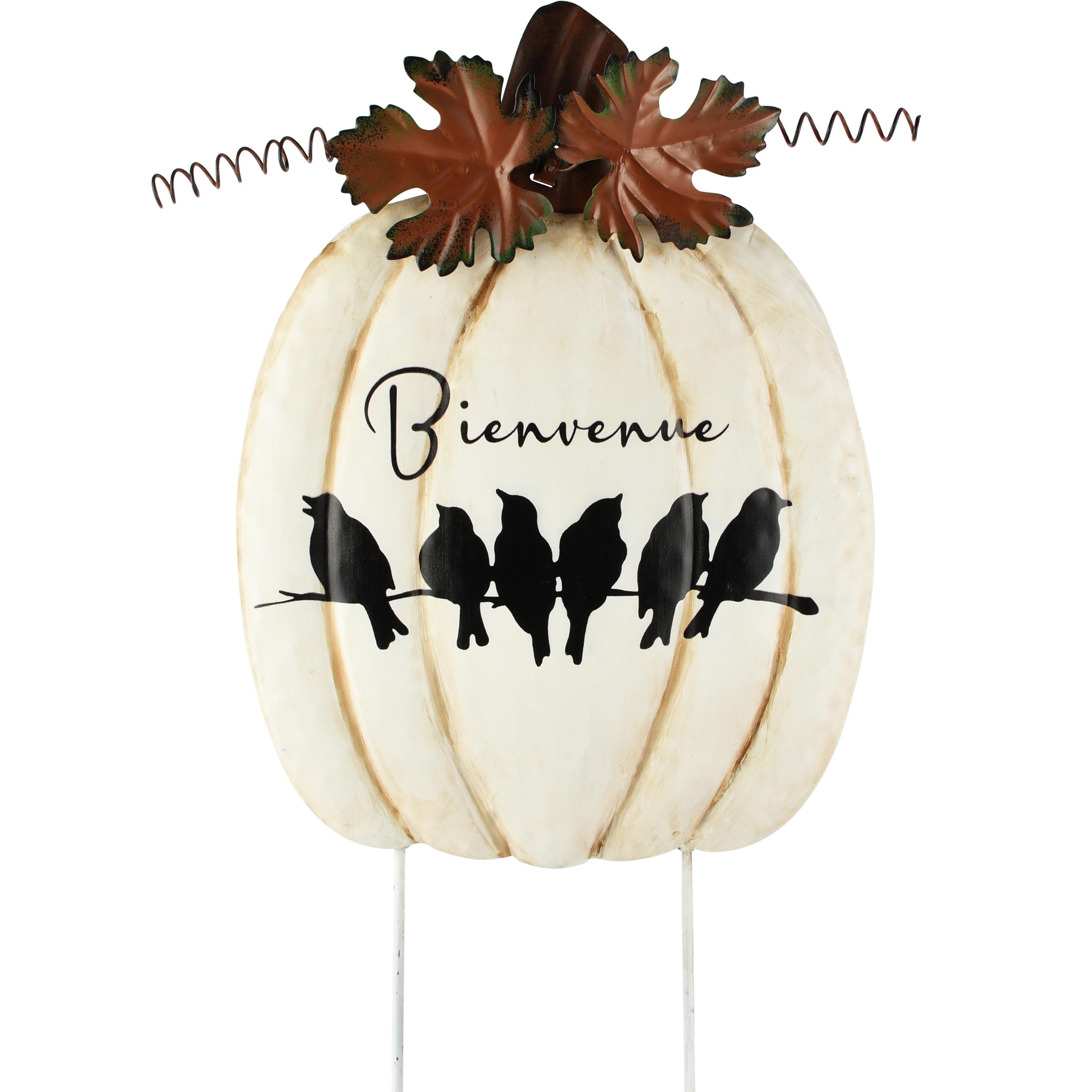 Dekoratief | Tuinprikker pompoen m/vogeltjes 'Bienvenue', metaal, 25x2x47cm | A265407