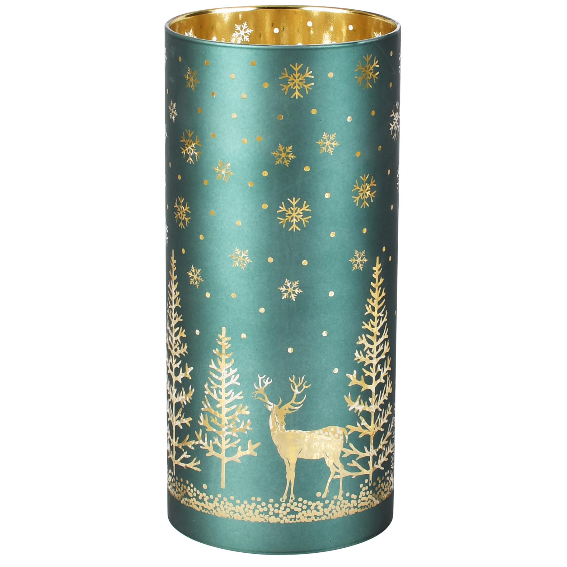 Dekoratief | Deco Waxinelichthouder 'Snow Deer', groen, glas, roterend, LED, 9x9x21cm | A265652