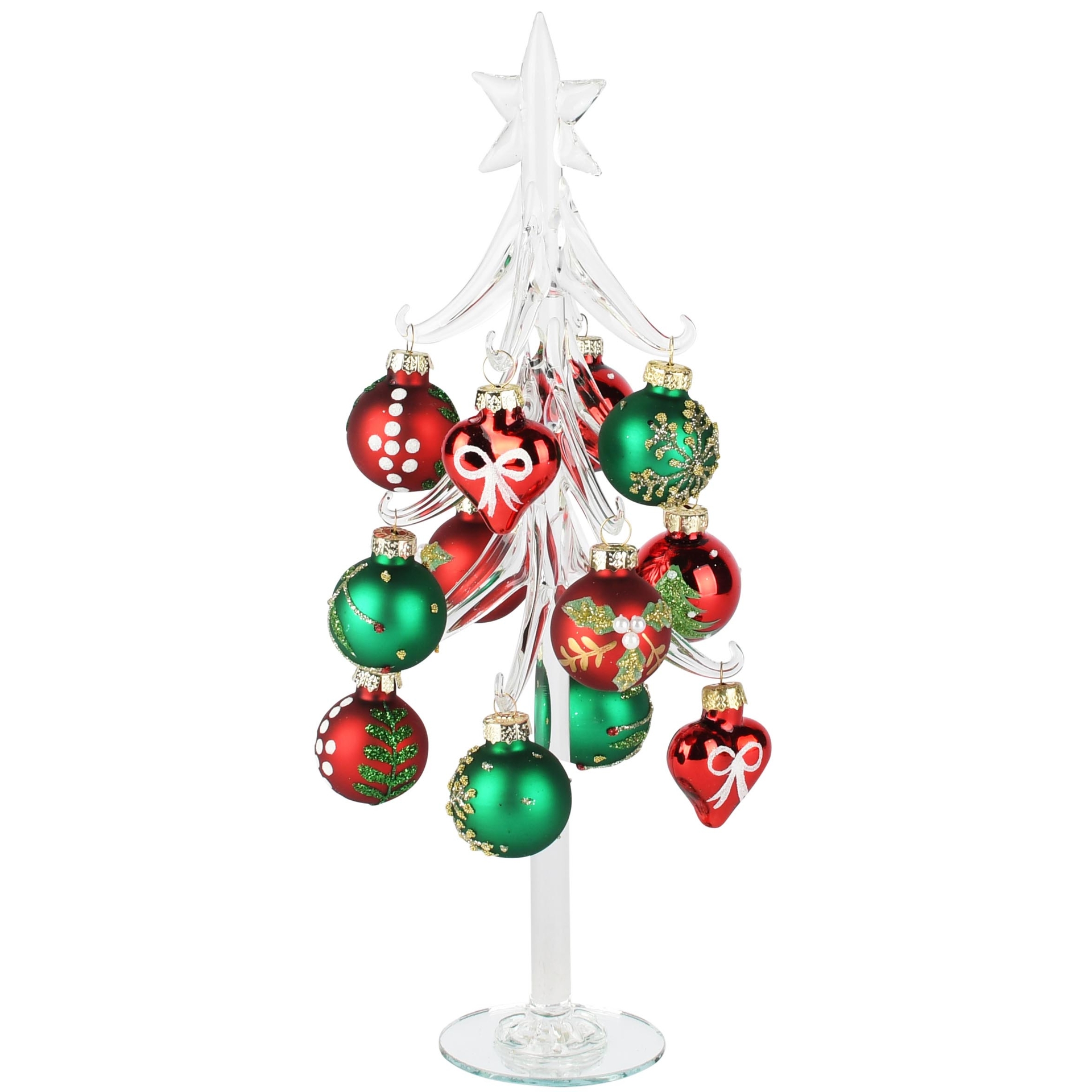 Dekoratief | Kerstboompje m/balletjes, transparant/rood/groen, glas, 10x10x27cm | A265647