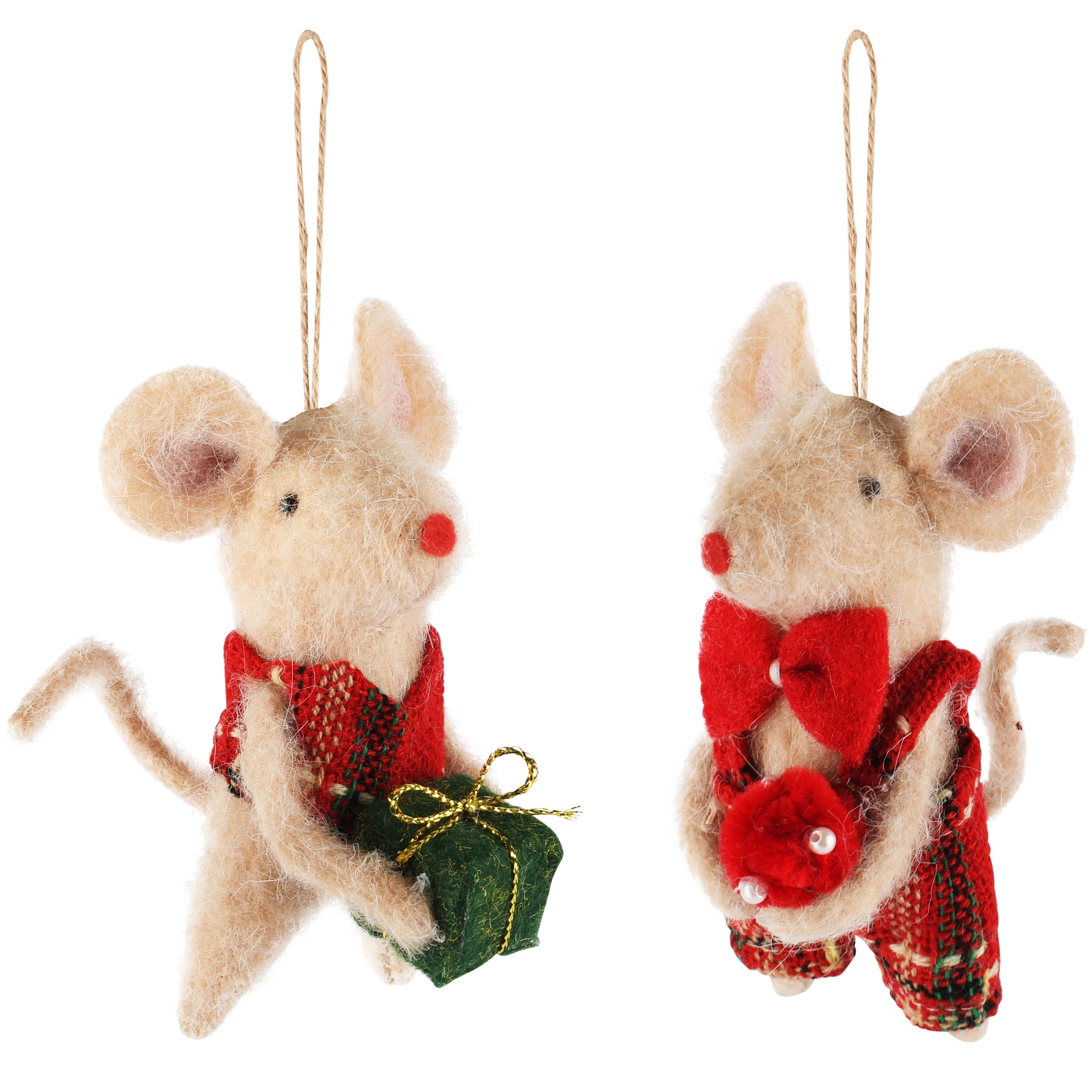 Dekoratief | Hanger muisje m/cadeautje, rood/groen, polyester, 7x12cm, set van 2 stuks | A265579