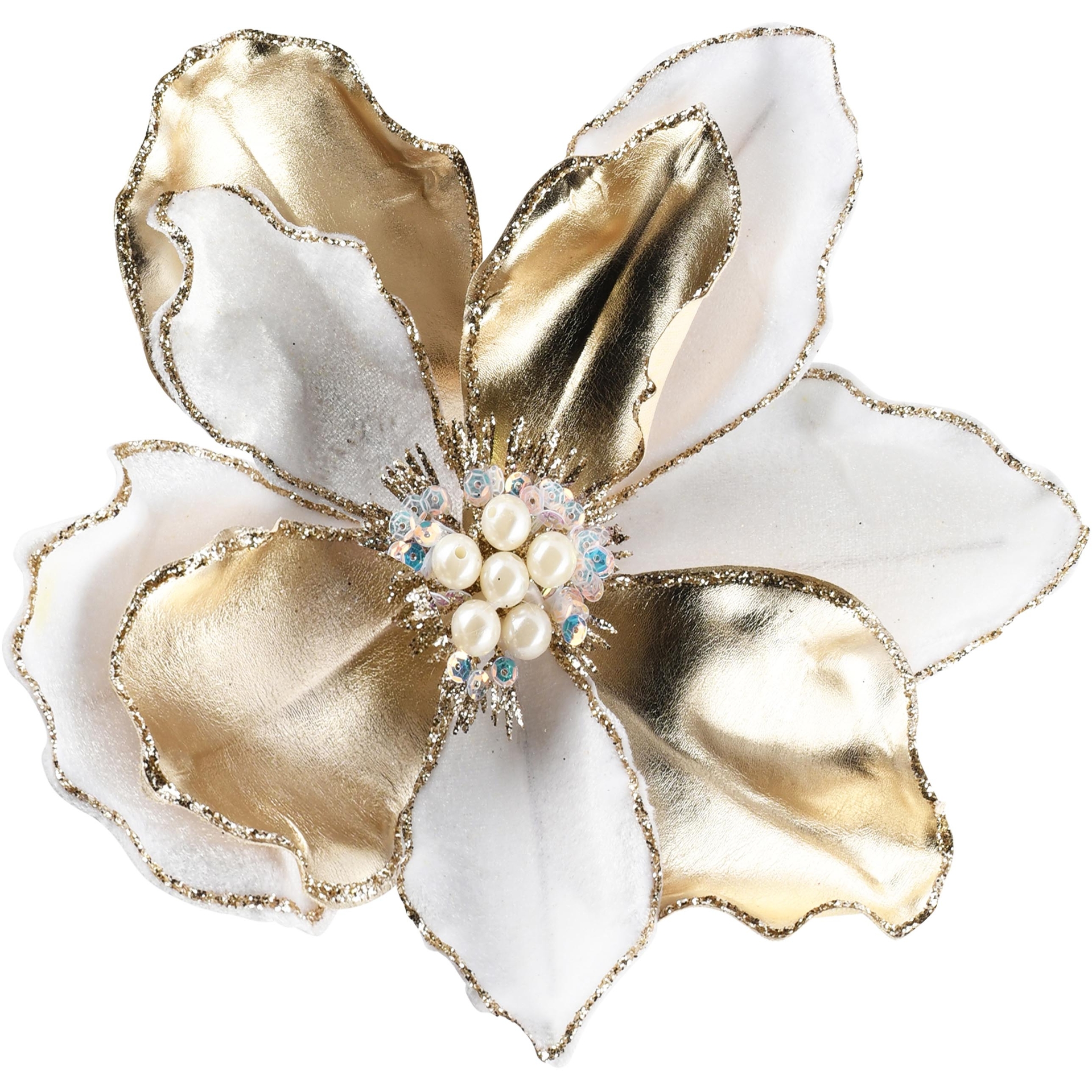 Dekoratief | Deco bloem op clip, wit/goud, polyester, 16x16cm | A265530