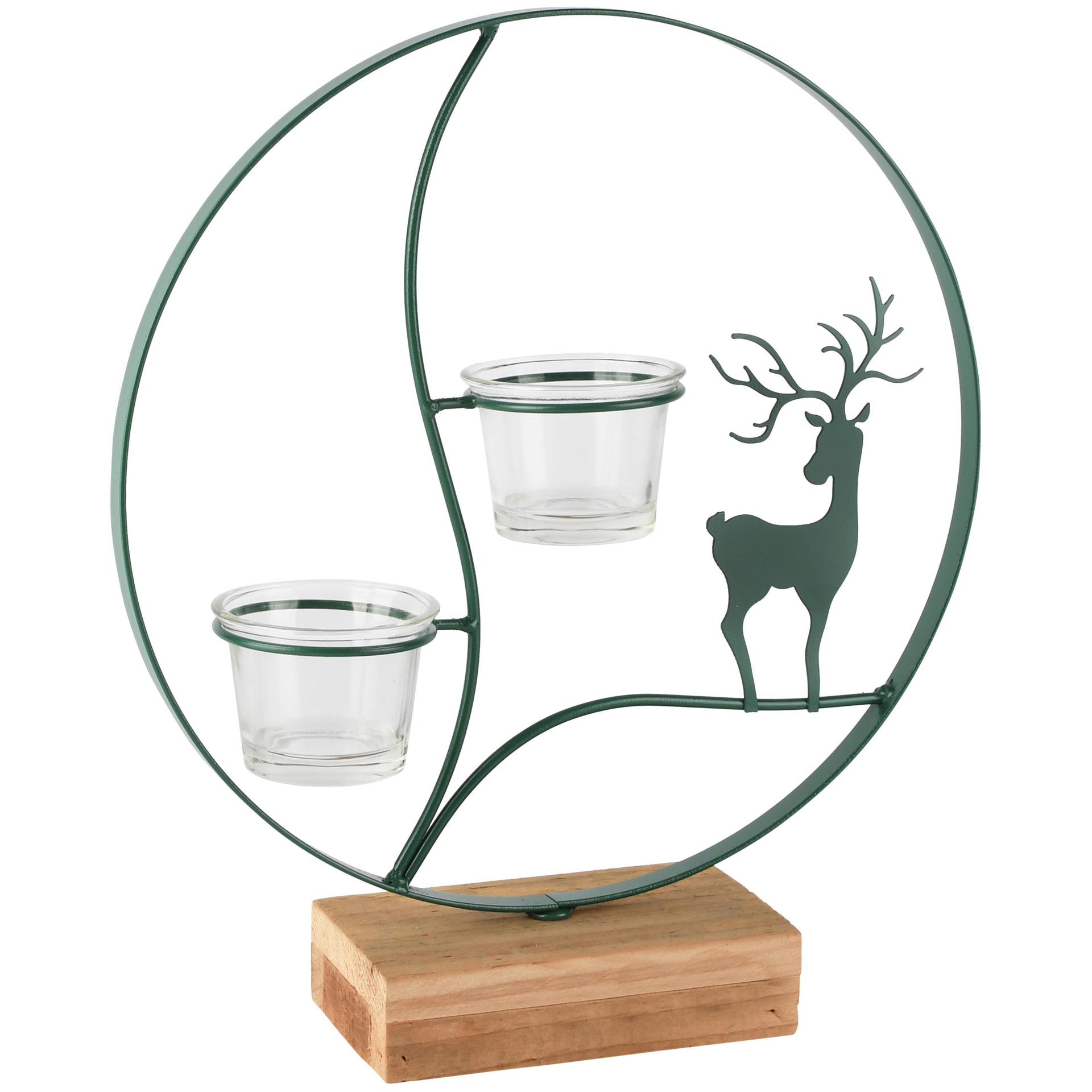 Dekoratief | Theelichthouder ring m/hert, groen, metaal/hout, 25x6x28cm | A265485