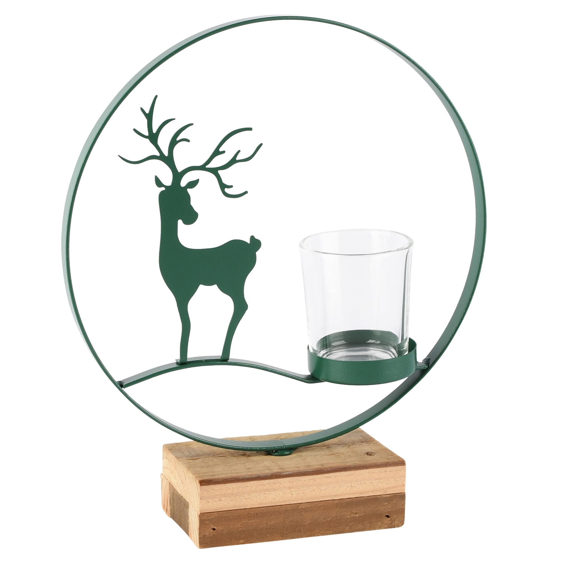 Dekoratief | Theelichthouder ring m/hert, groen, metaal/hout, 20x6x24cm | A265484
