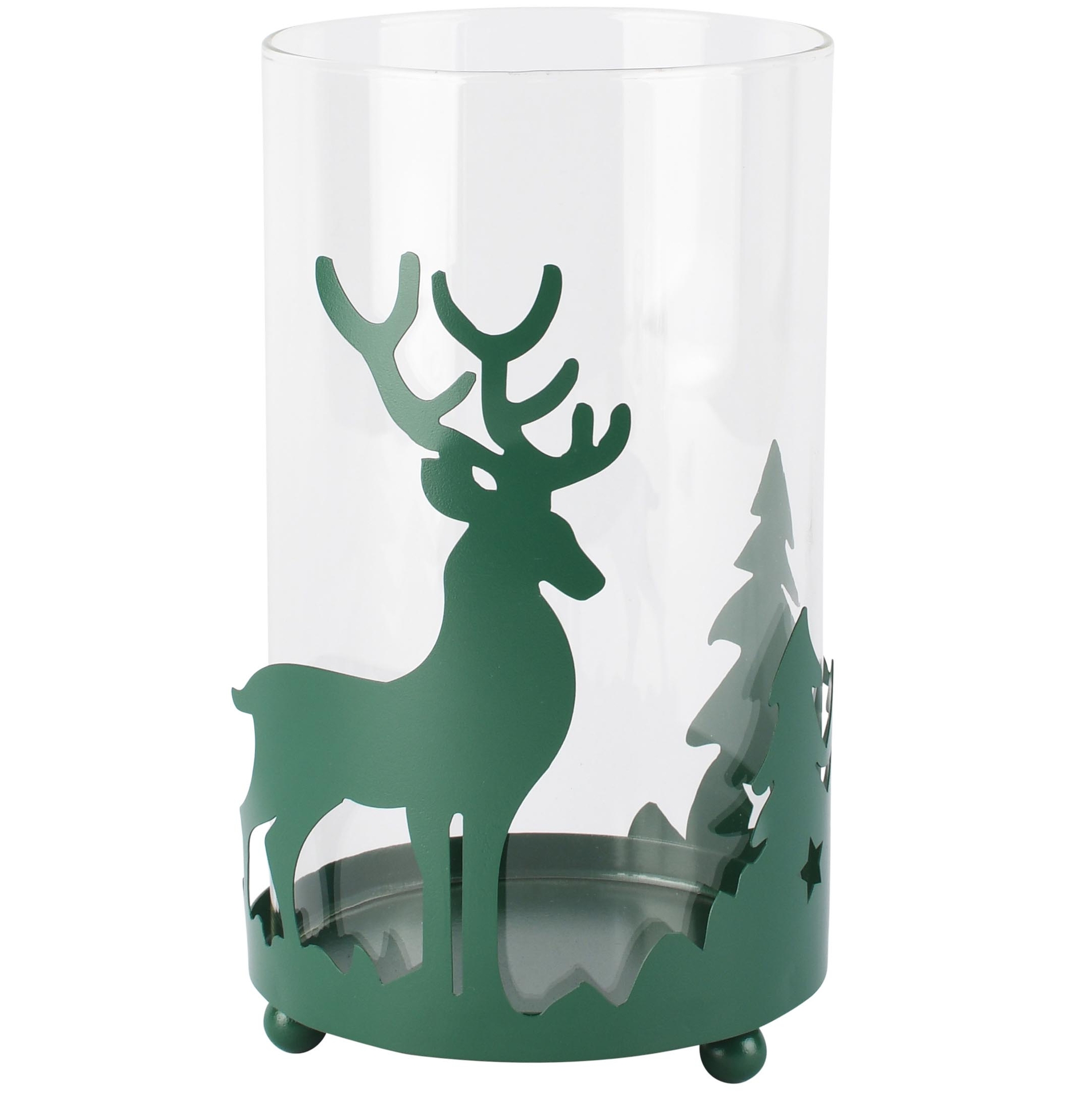 Dekoratief | Theelichthouder m/rendier/bomen, groen, glas/metaal, 12x12x22cm | A265486