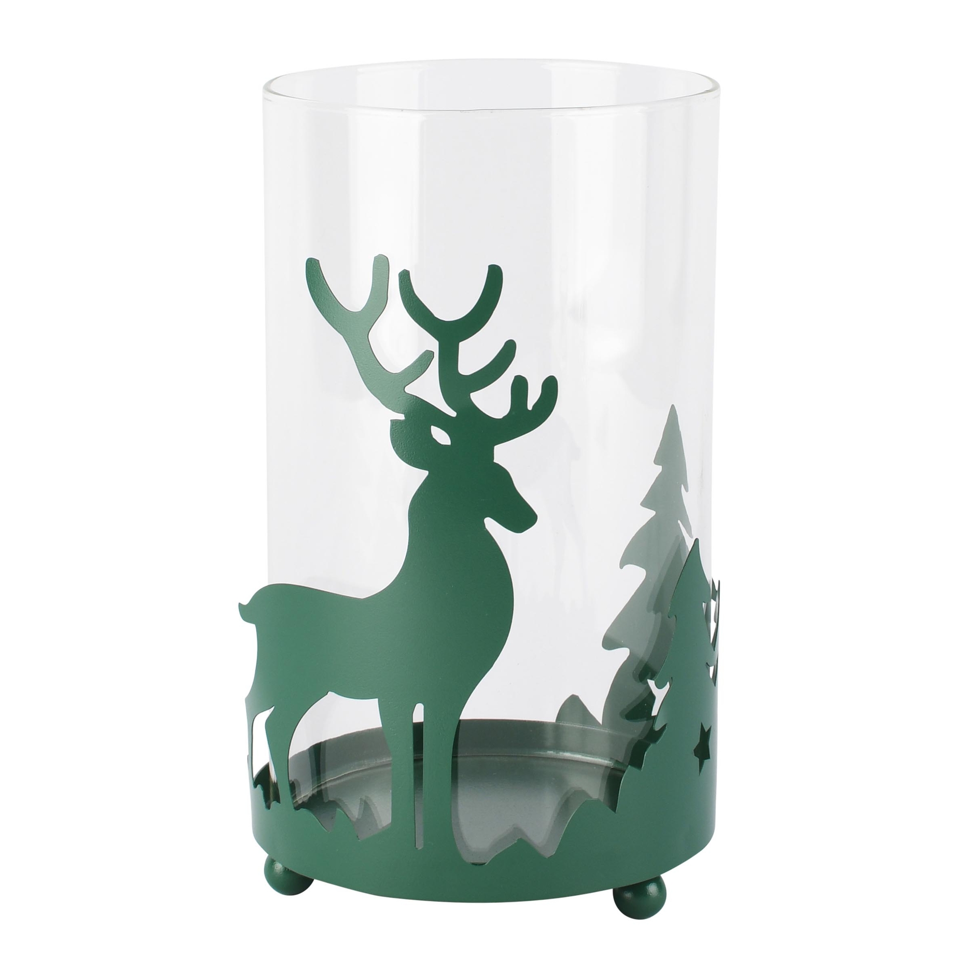 Dekoratief | Theelichthouder m/rendier/bomen, groen, glas/metaal, 10x10x16cm | A265487