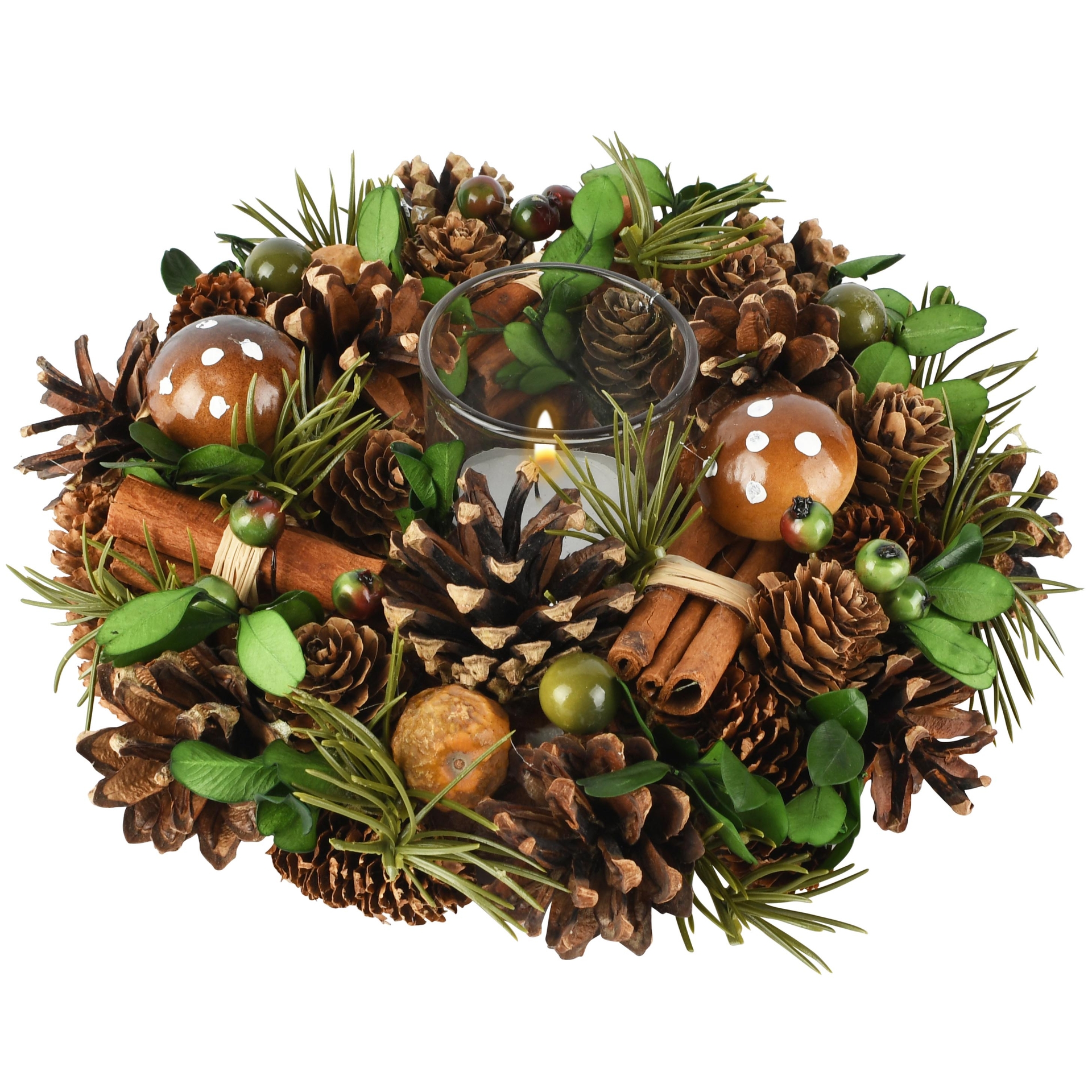 Dekoratief | Tafelstukje rond m/dennenappels, groen, naturel, 20x20x7cm | A265501