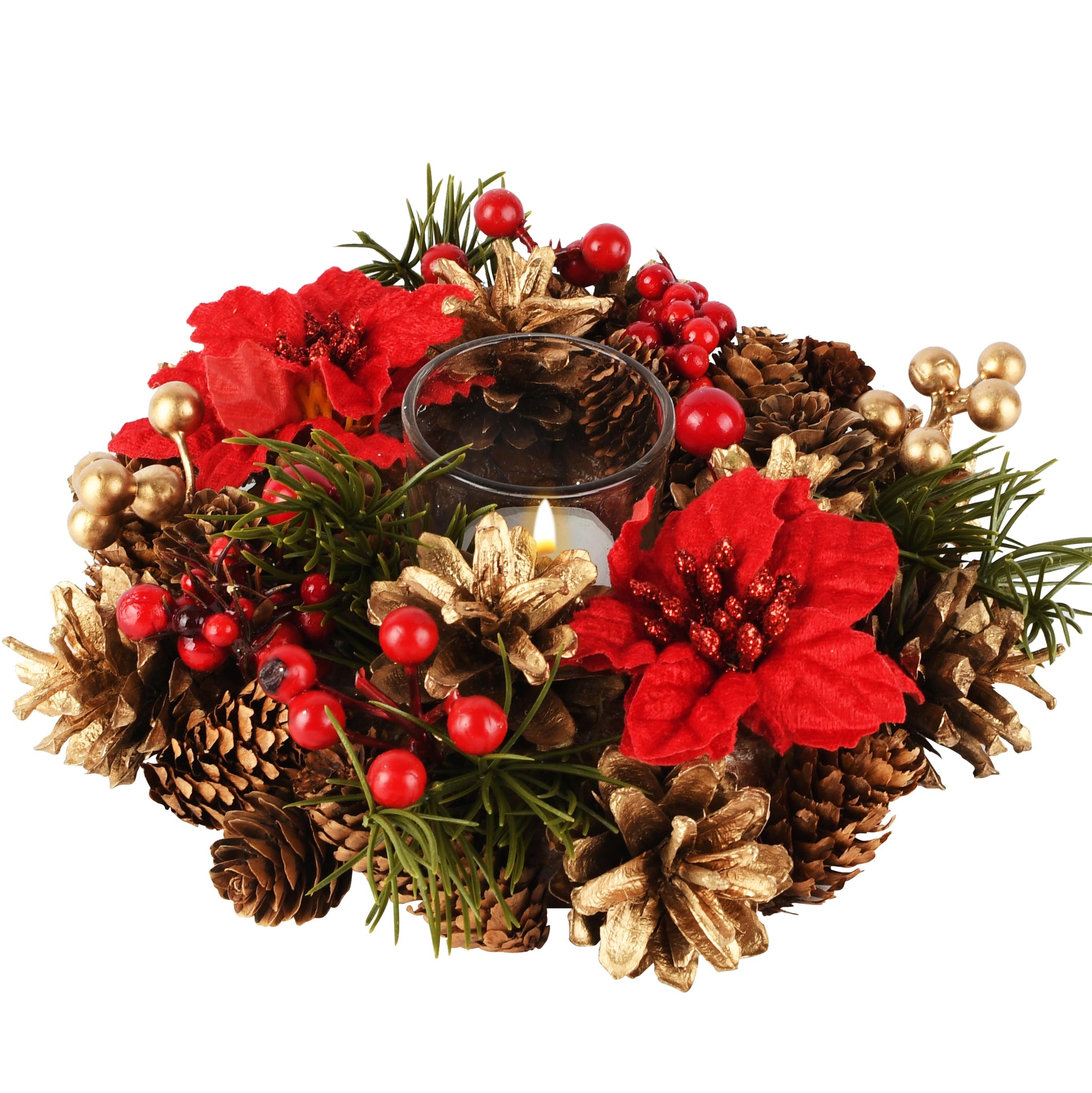 Dekoratief | Tafelstukje rond m/besjes/kerstrozen, naturel/rood, 21x21x7cm | A265503