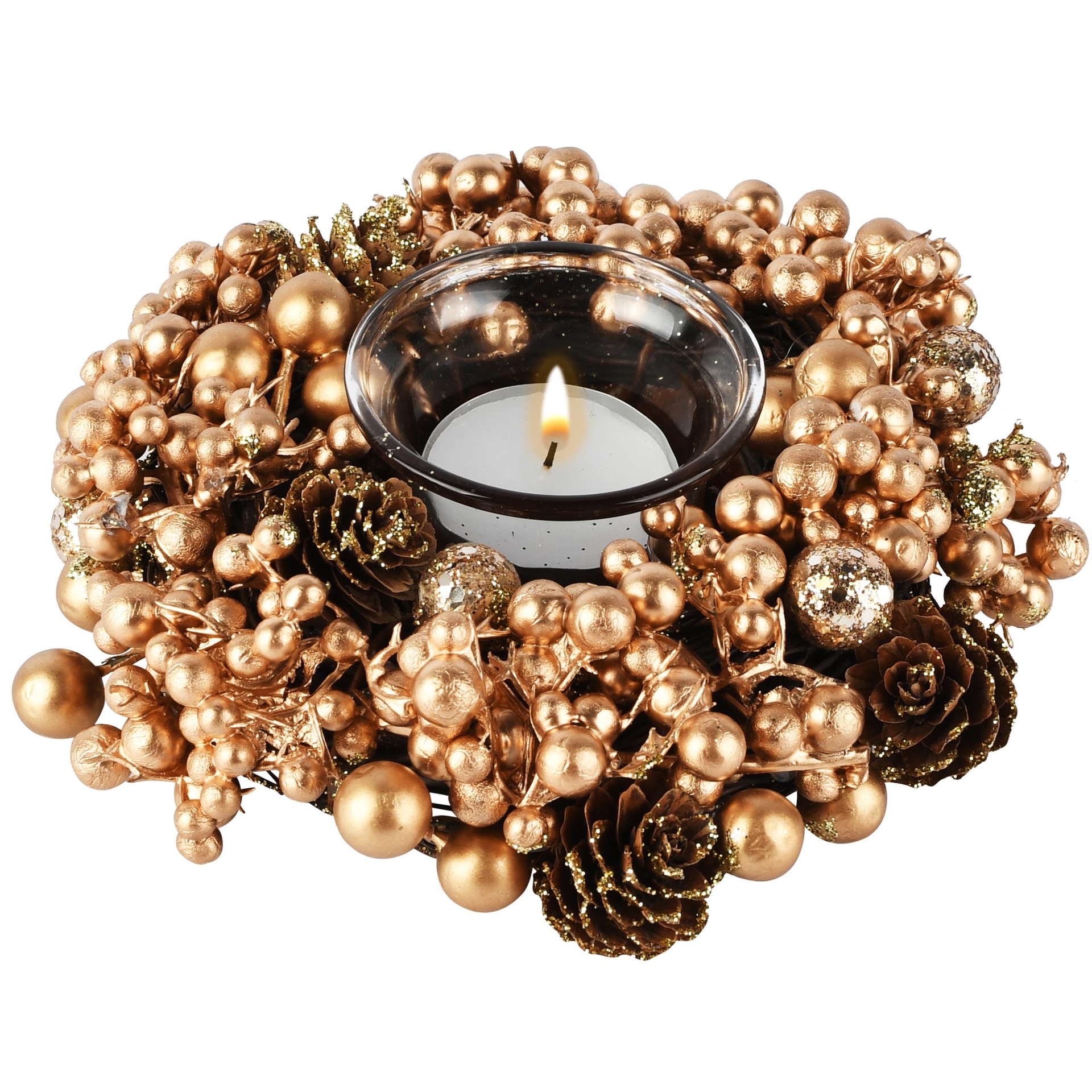 Dekoratief | Tafelstukje rond m/besjes/dennenappels, goud/naturel, 16x16x5cm | A265505