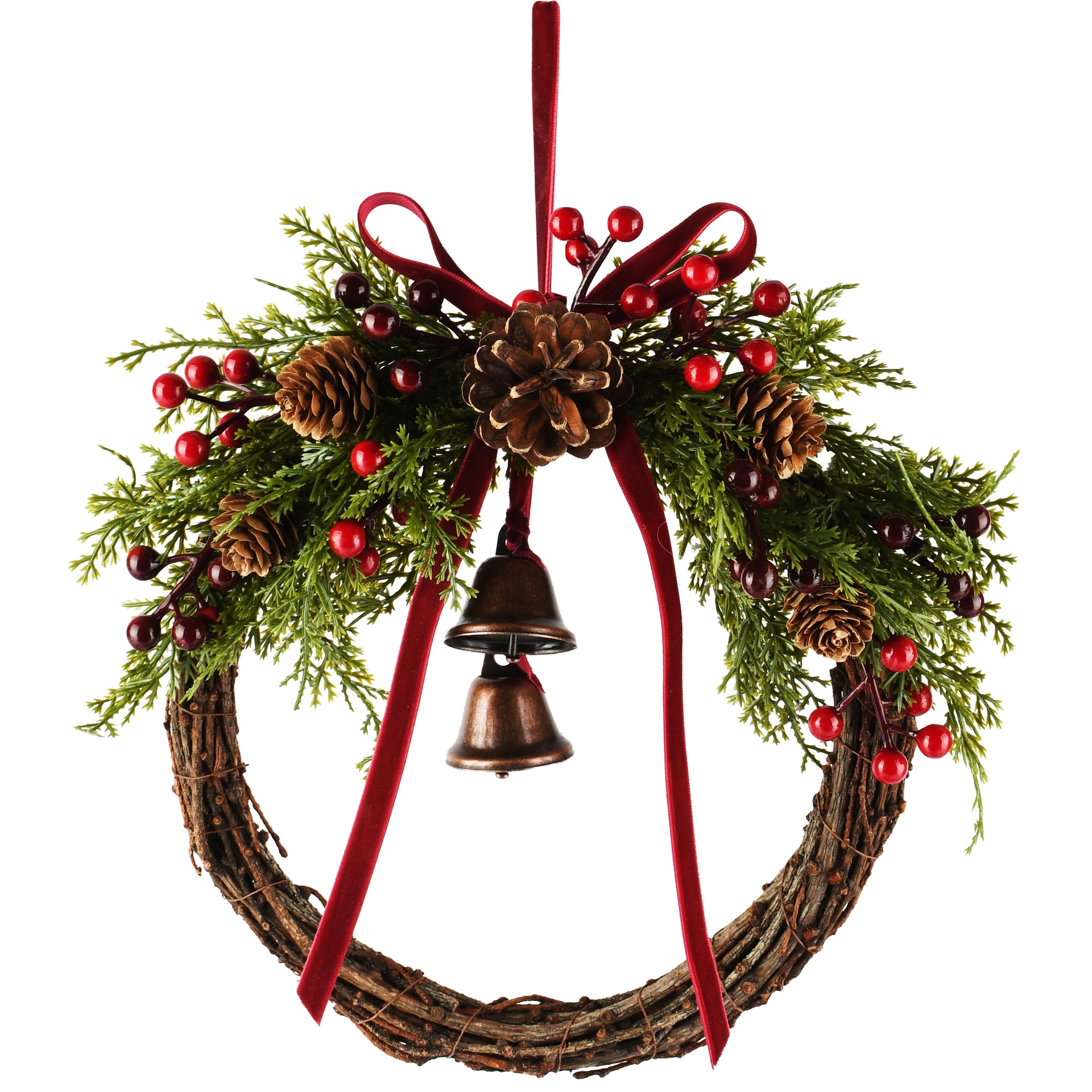 Dekoratief | Krans m/bessen/takjes/belletjes, rood/groen, naturel, 23x7x25cm | A265509