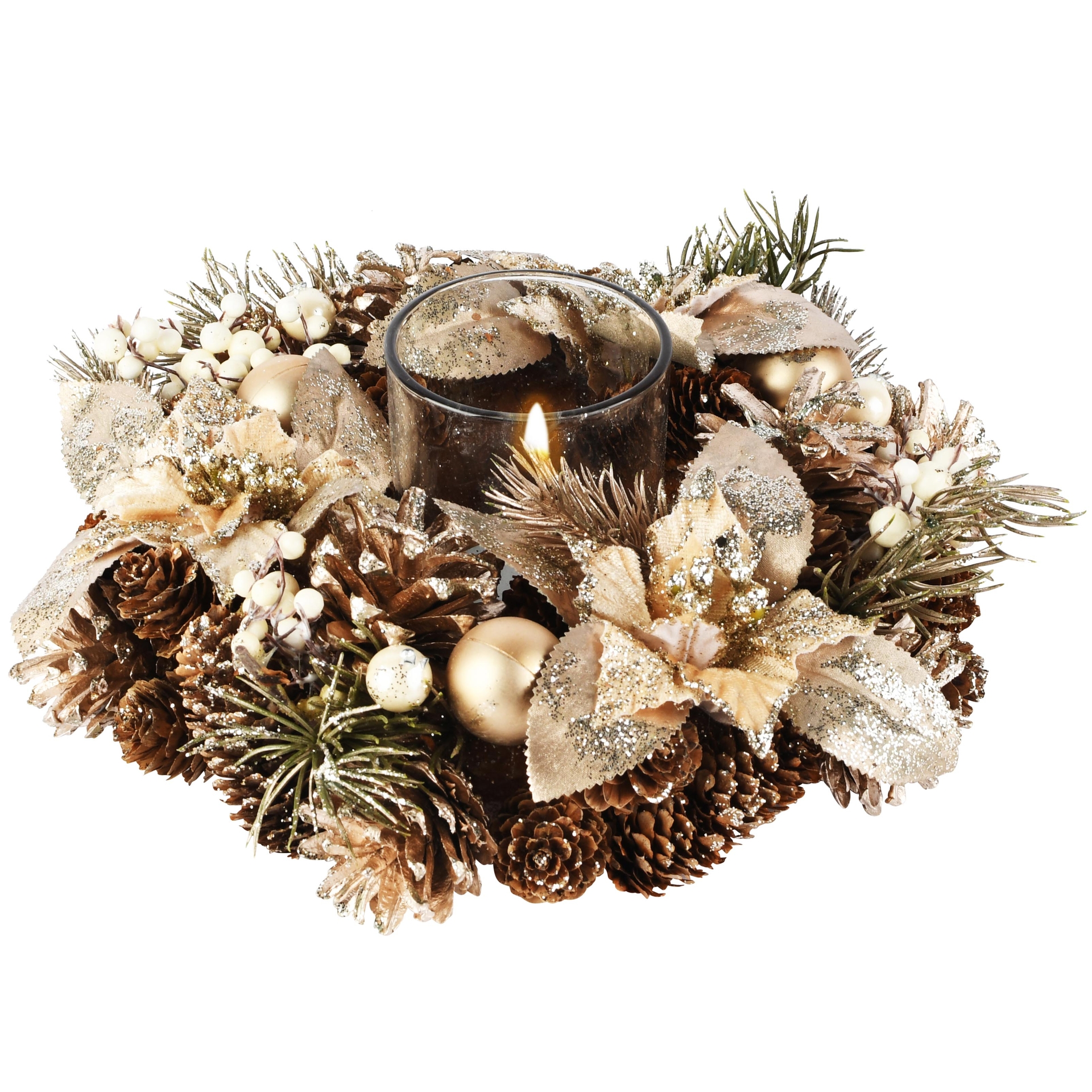 Dekoratief | Tafelstukje rond m/kerstrozen, champagne, naturel, 25x25x8cm | A265513