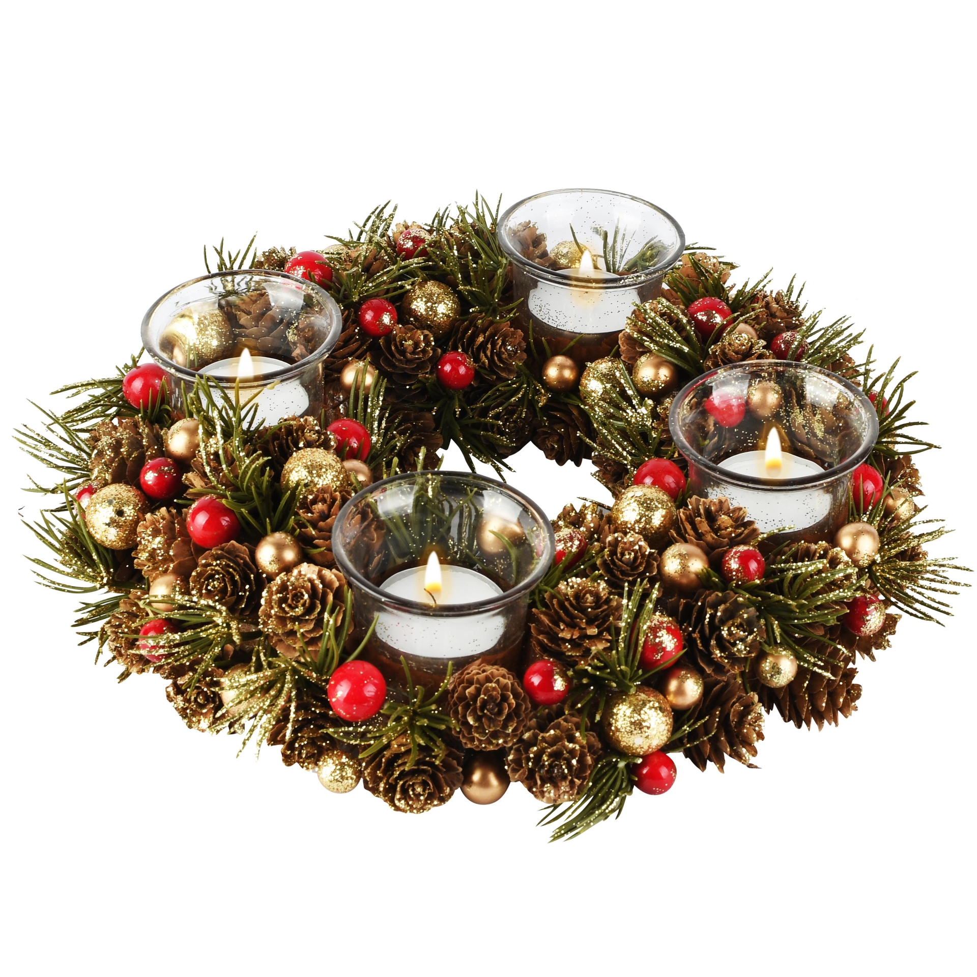 Dekoratief | Tafelstuk rond m/bessen/dennenappels, rood/naturel, 28x28x7cm | A265515
